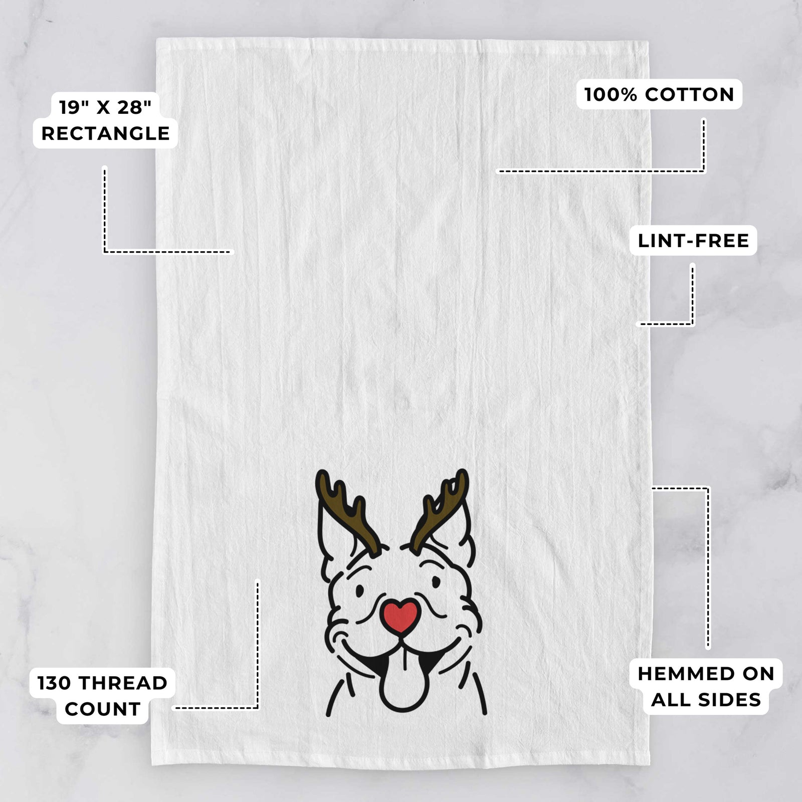 Minimalist line drawing of Basil the Pitbull with reindeer antlers and a red nose on a tea towel, with feature callouts: 19 x 28 inch rectangle, 100% cotton, lint-free, 120 thread count, hemmed on all sides