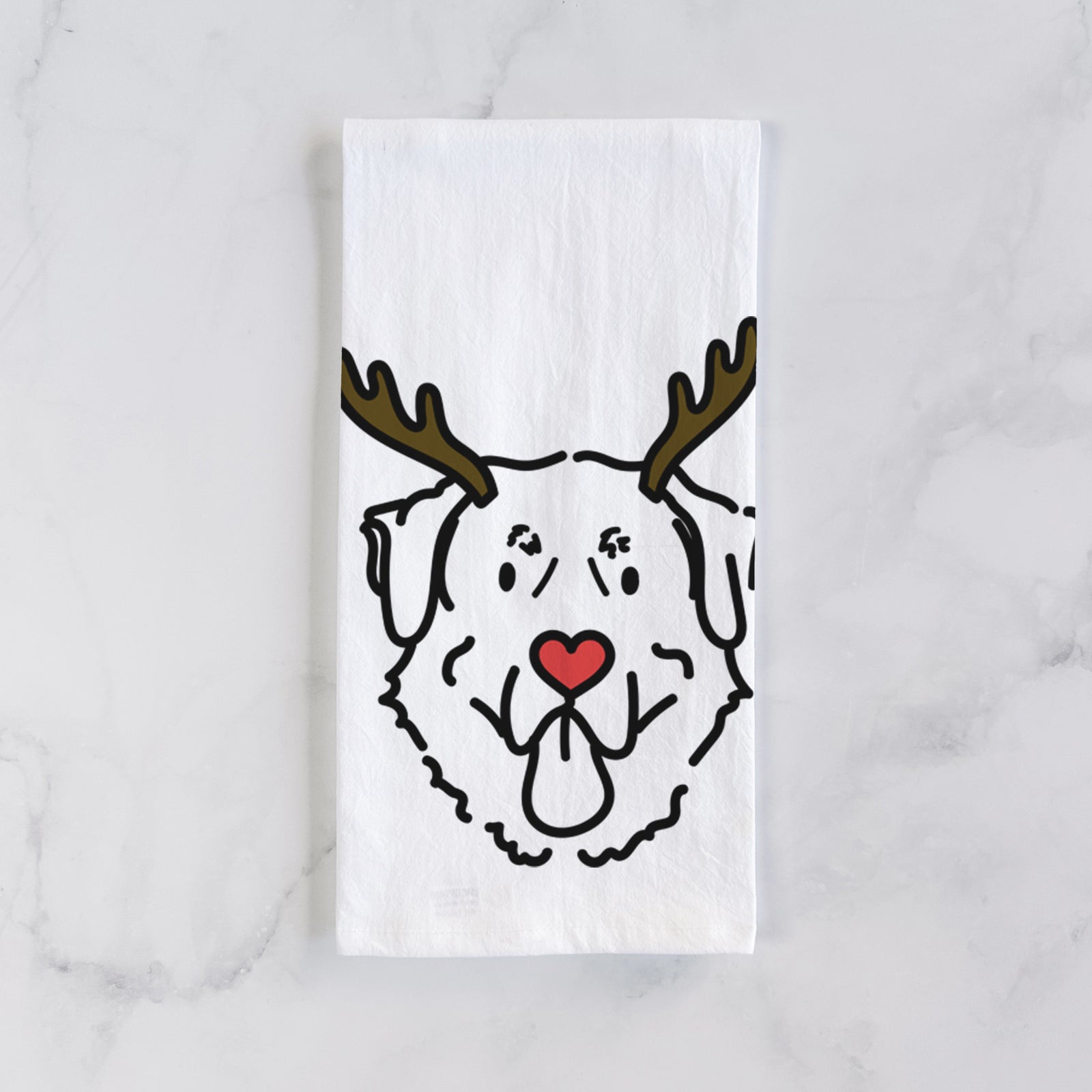 Minimalist line drawing of Batu the Anatolian Shepherd with reindeer antlers and a red nose on a tea towel