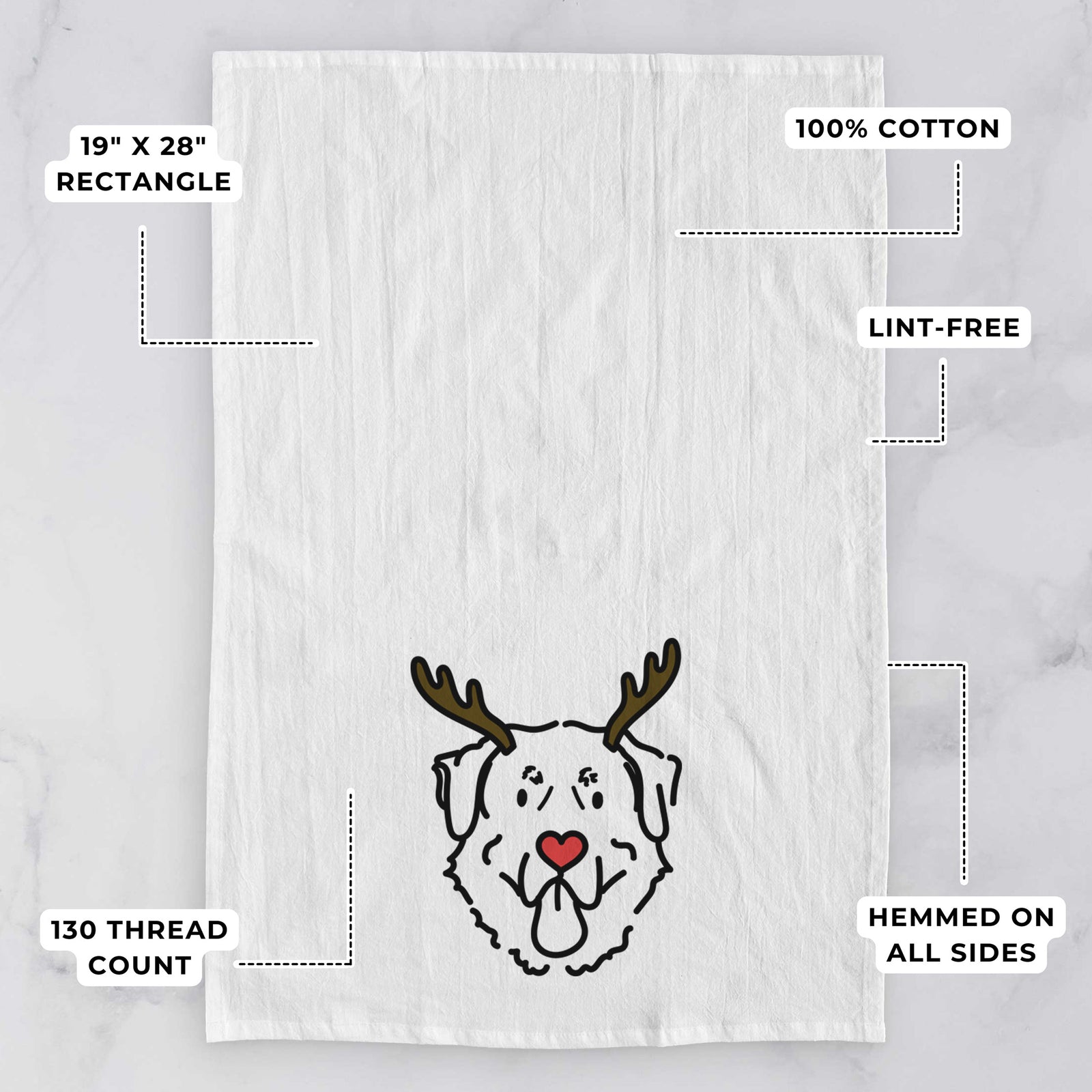 Minimalist line drawing of Batu the Anatolian Shepherd with reindeer antlers and a red nose on a tea towel, with feature callouts: 19 x 28 inch rectangle, 100% cotton, lint-free, 120 thread count, hemmed on all sides
