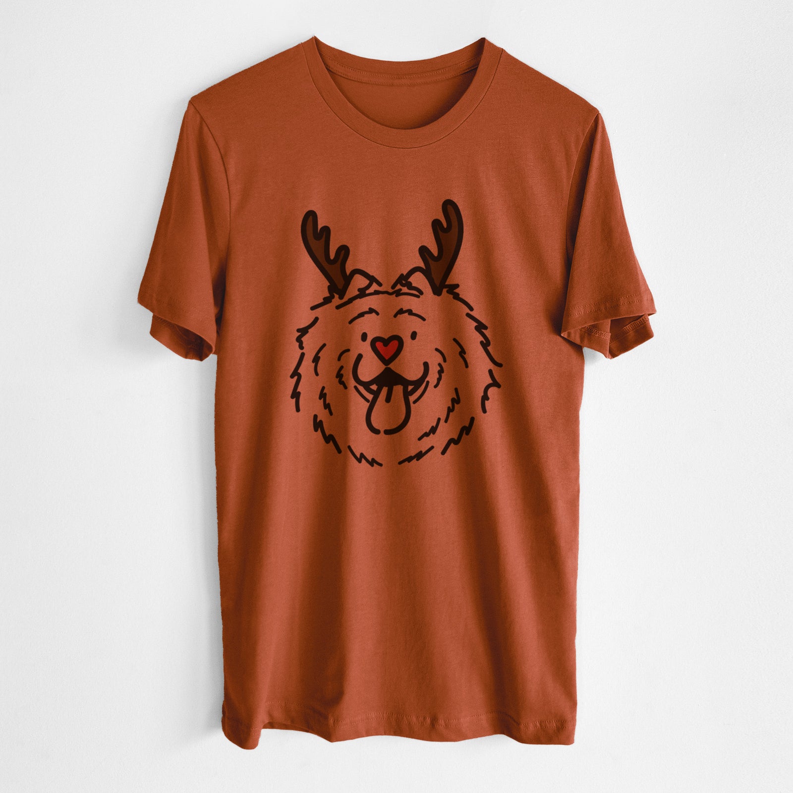 Minimalist line drawing of Bear the Chow Chow with reindeer antlers and a red nose on an Autumn Unisex crewneck, worn by a man