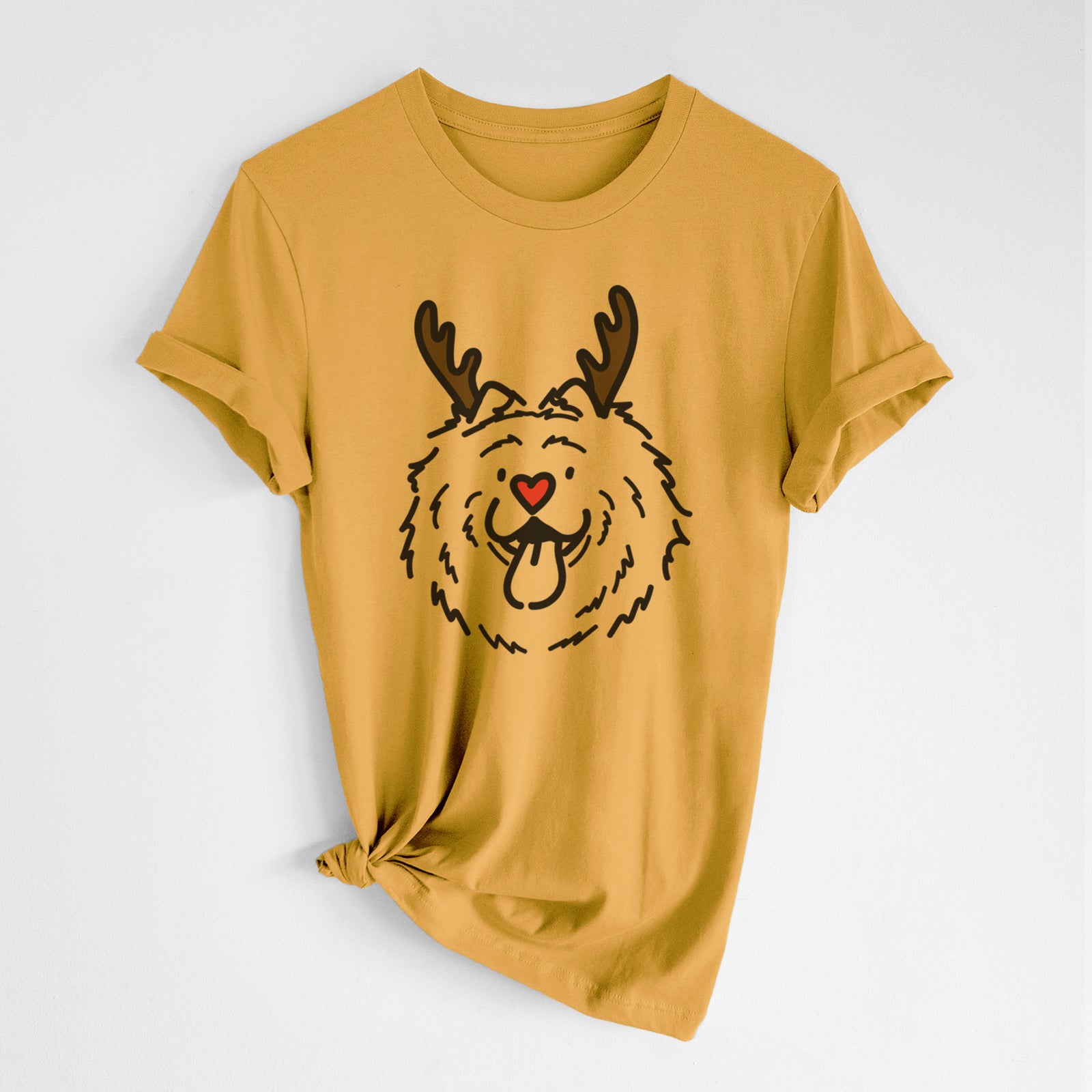 Minimalist line drawing of Bear the Chow Chow with reindeer antlers and a red nose on a Honeycomb Unisex crewneck, worn by a woman