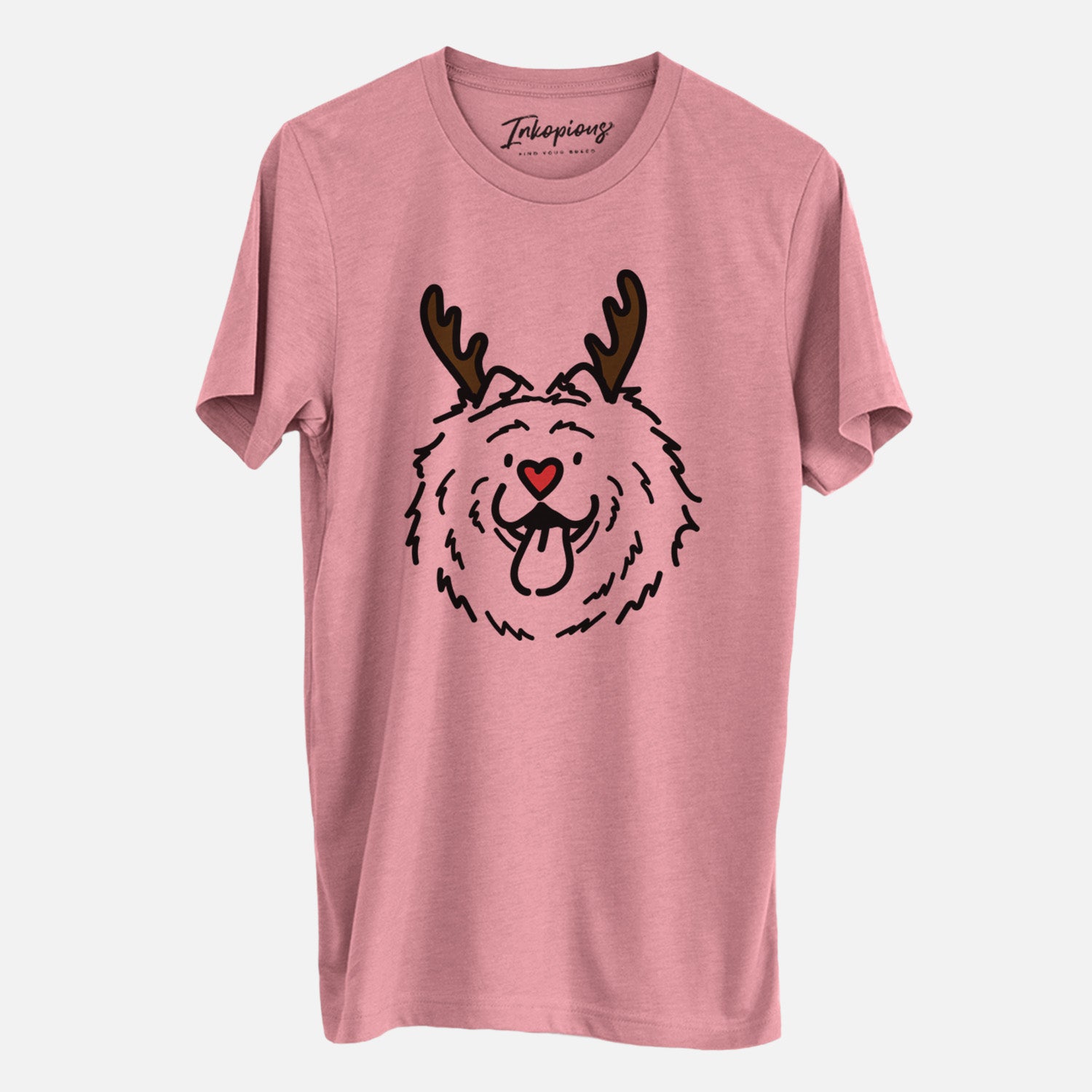 Minimalist line drawing of Bear the Chow Chow with reindeer antlers and a red nose on a Mauve Unisex crewneck, worn by a man