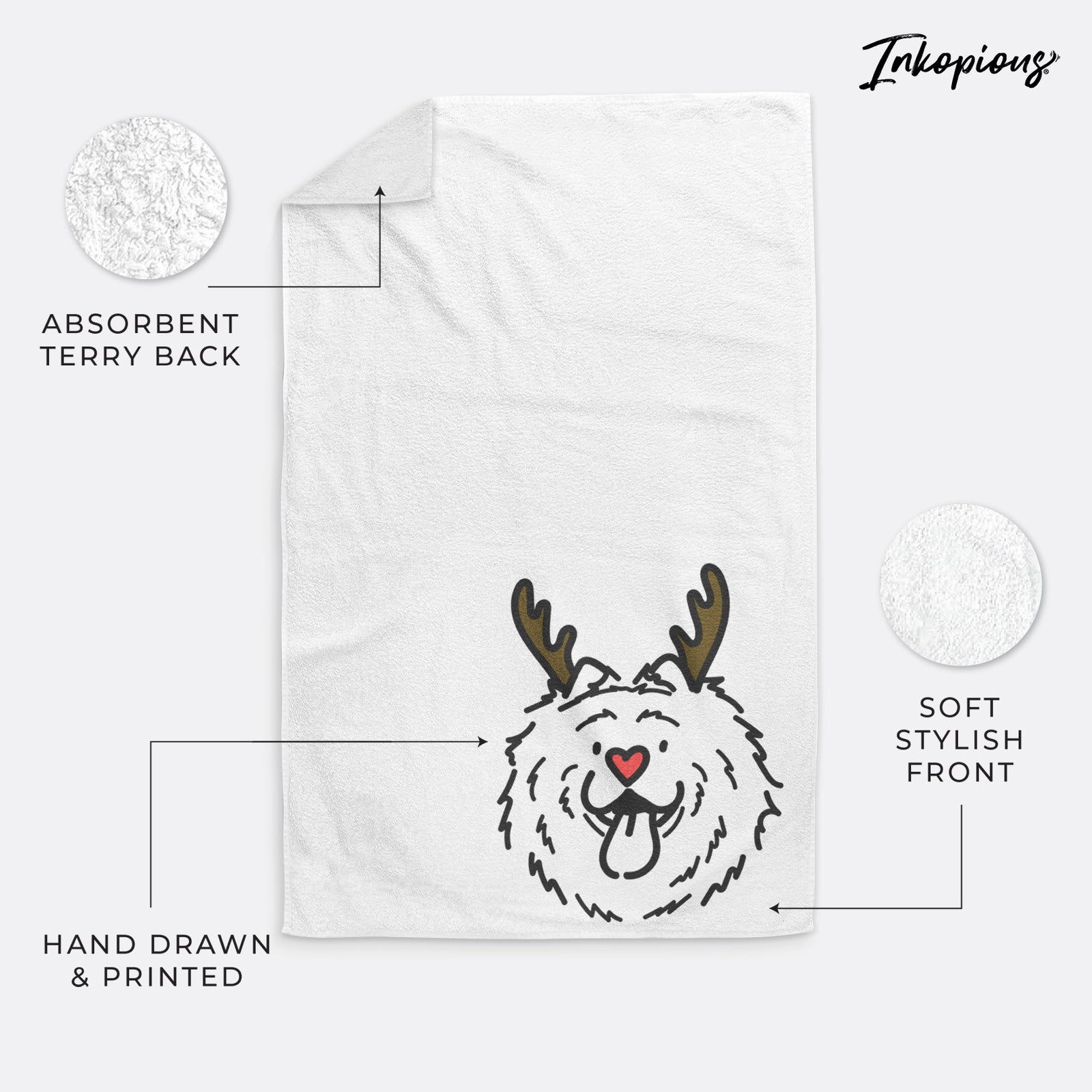 Minimalist line drawing of Bear the Chow Chow with reindeer antlers and a red nose on a hand towel