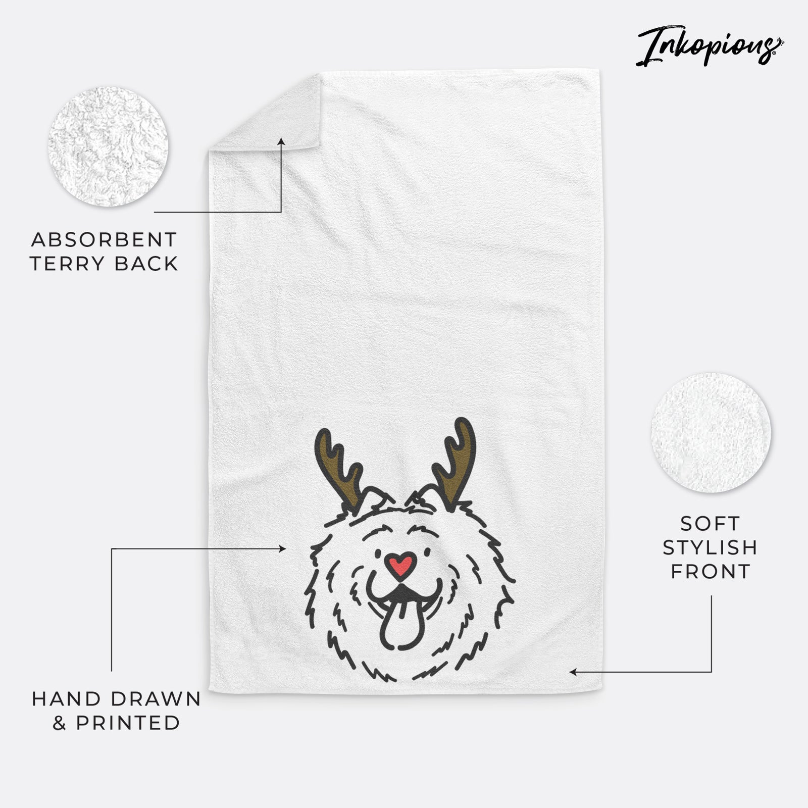 Minimalist line drawing of Bear the Chow Chow with reindeer antlers and a red nose on a hand towel