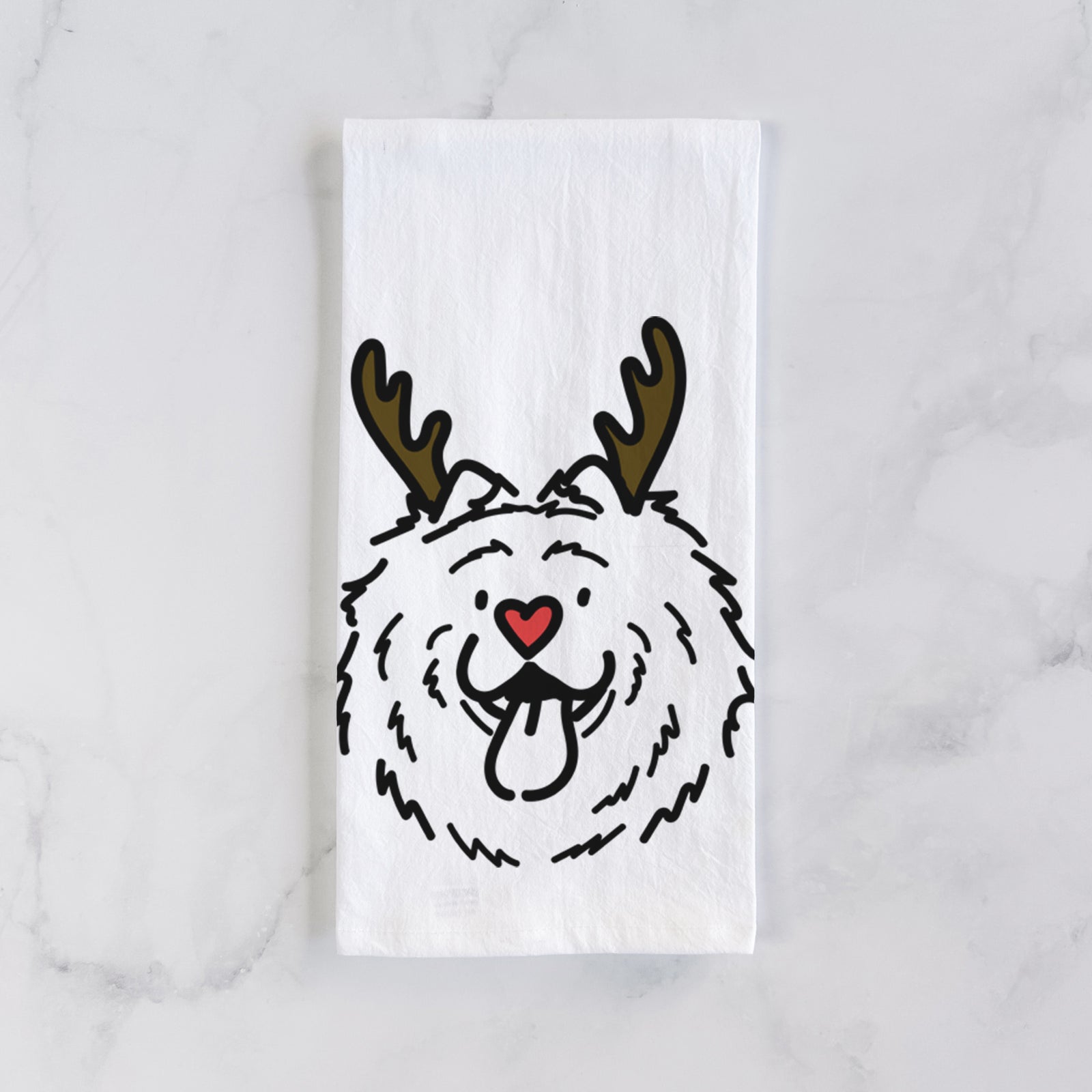 Minimalist line drawing of Bear the Chow Chow with reindeer antlers and a red nose on a tea towel