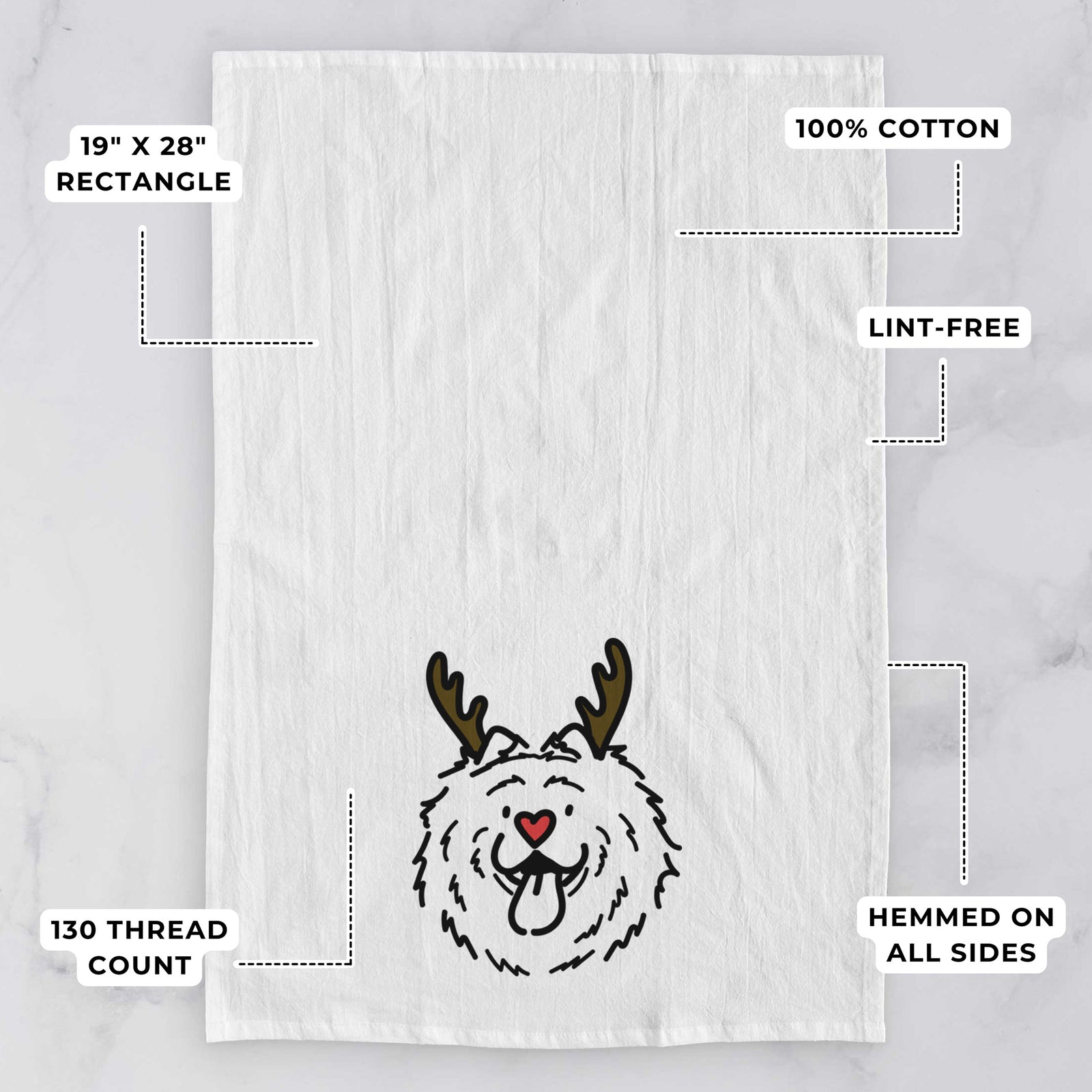 Minimalist line drawing of Bear the Chow Chow with reindeer antlers and a red nose on a tea towel, with feature callouts: 19 x 28 inch rectangle, 100% cotton, lint-free, 120 thread count, hemmed on all sides