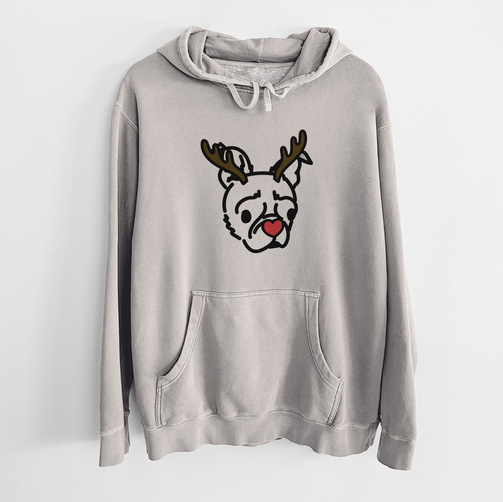 Minimalist line drawing of Bella the Pug Boston Terrier Mix with reindeer antlers and a red nose on a Cement Unisex pigment dyed hoodie