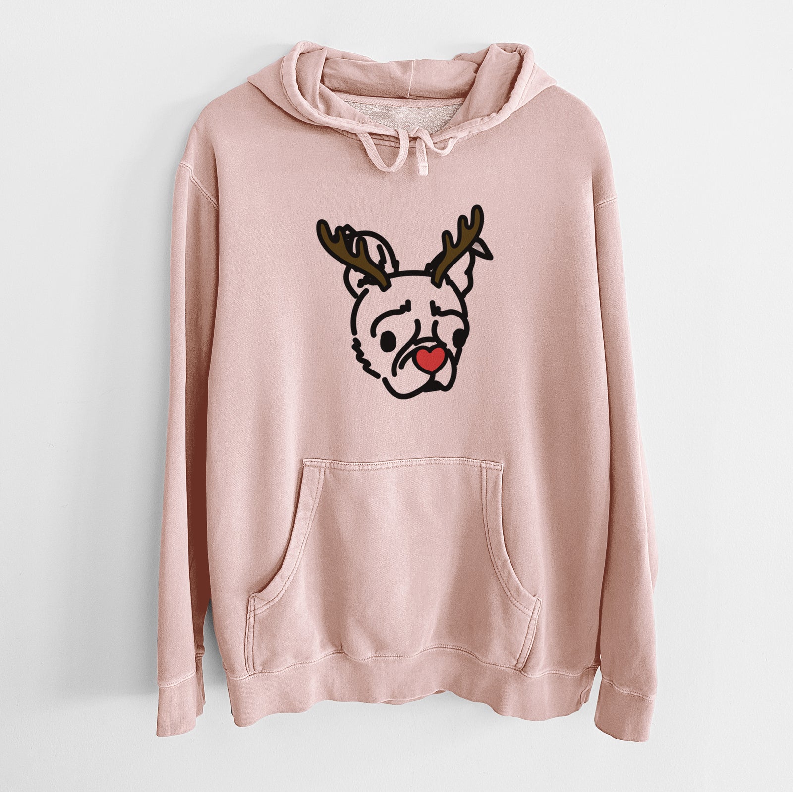 Minimalist line drawing of Bella the Pug Boston Terrier Mix with reindeer antlers and a red nose on a Dusty Pink Unisex pigment dyed hoodie