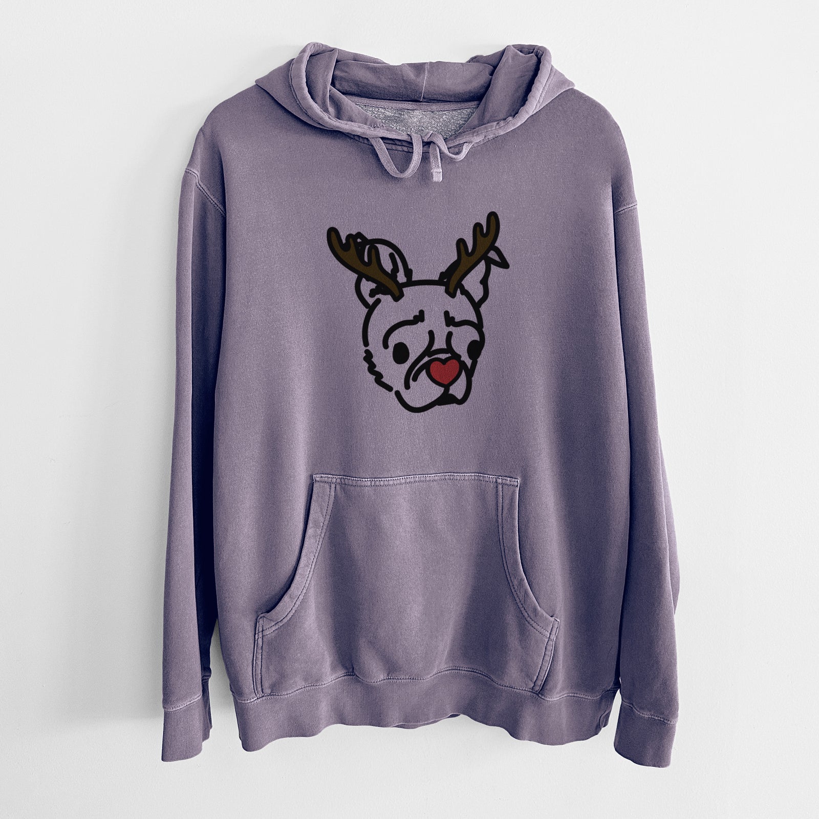 Minimalist line drawing of Bella the Pug Boston Terrier Mix with reindeer antlers and a red nose on a Plum Unisex pigment dyed hoodie