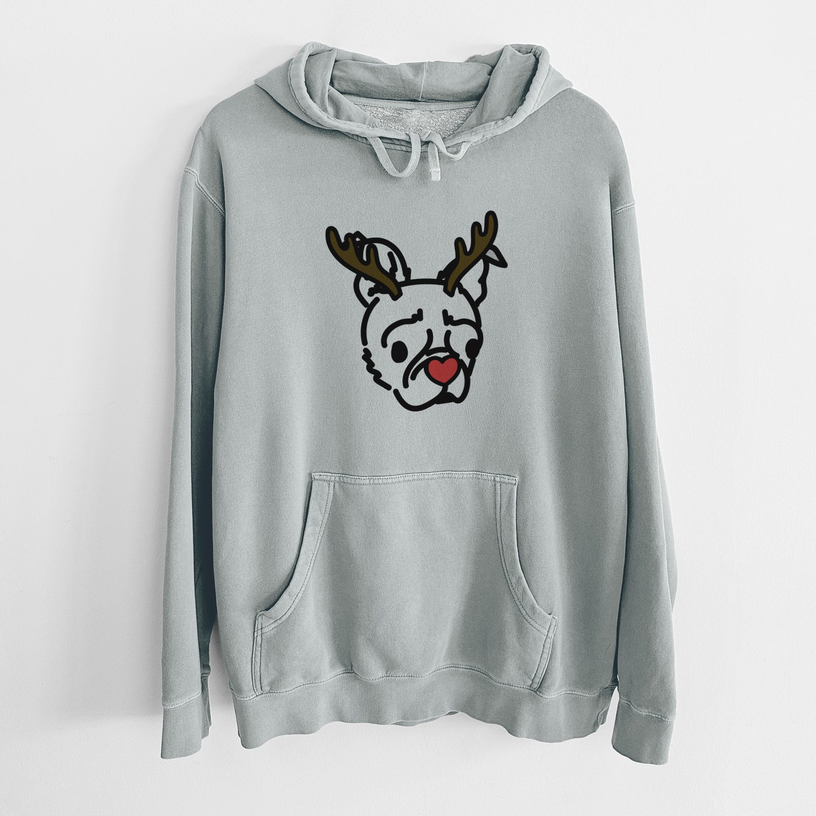 Minimalist line drawing of Bella the Pug Boston Terrier Mix with reindeer antlers and a red nose on a Sage Unisex pigment dyed hoodie