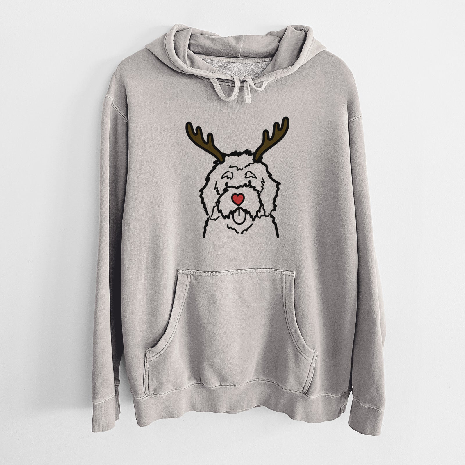 Minimalist line drawing of a Bernedoodle with reindeer antlers and a red nose on a Cement Unisex pigment dyed hoodie