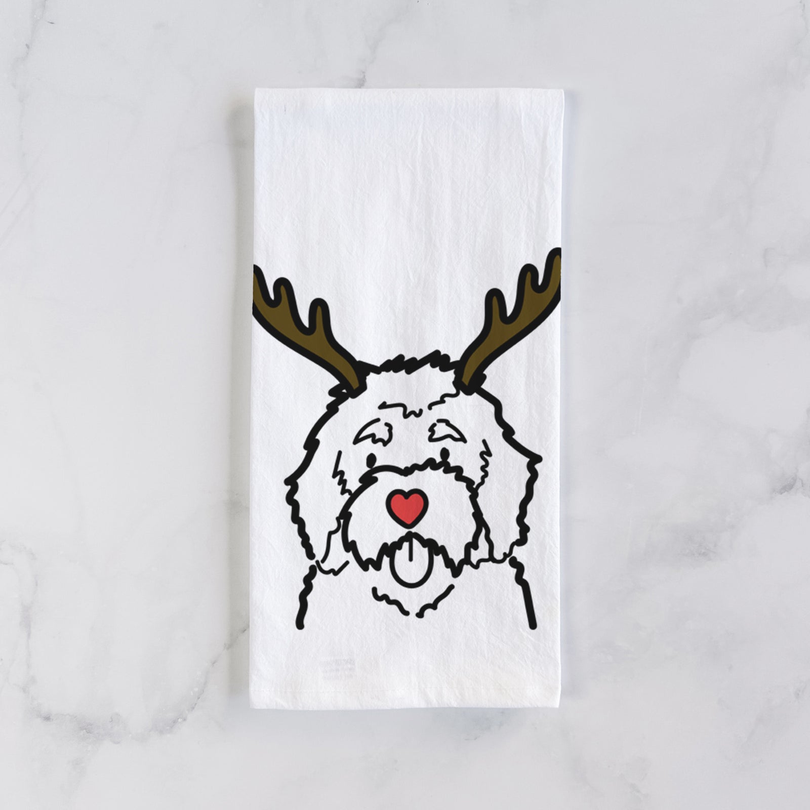 Minimalist line drawing of a Bernedoodle with reindeer antlers and a red nose on a tea towel