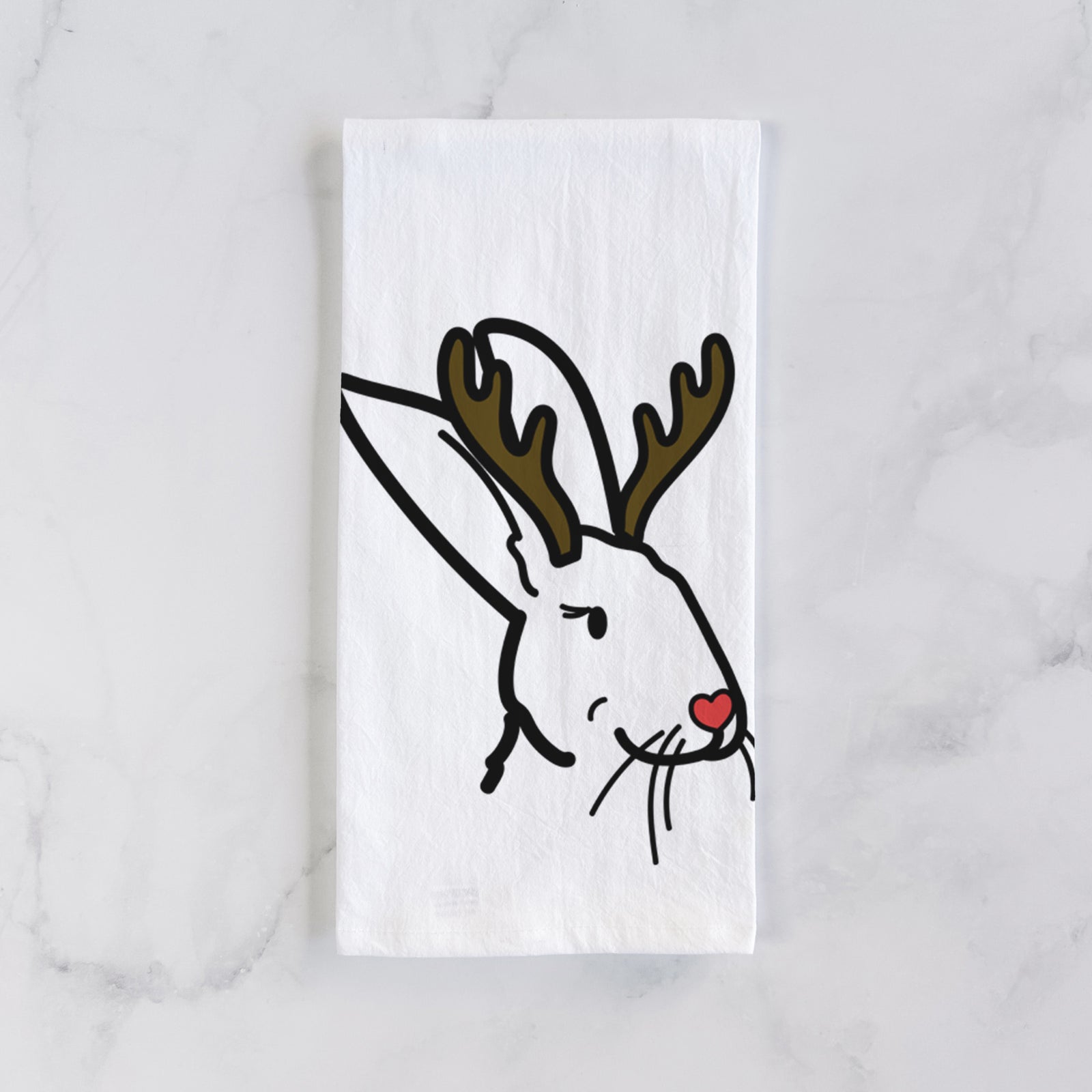Minimalist line drawing of Betsy the Rex Rabbit with reindeer antlers and a red nose on a tea towel