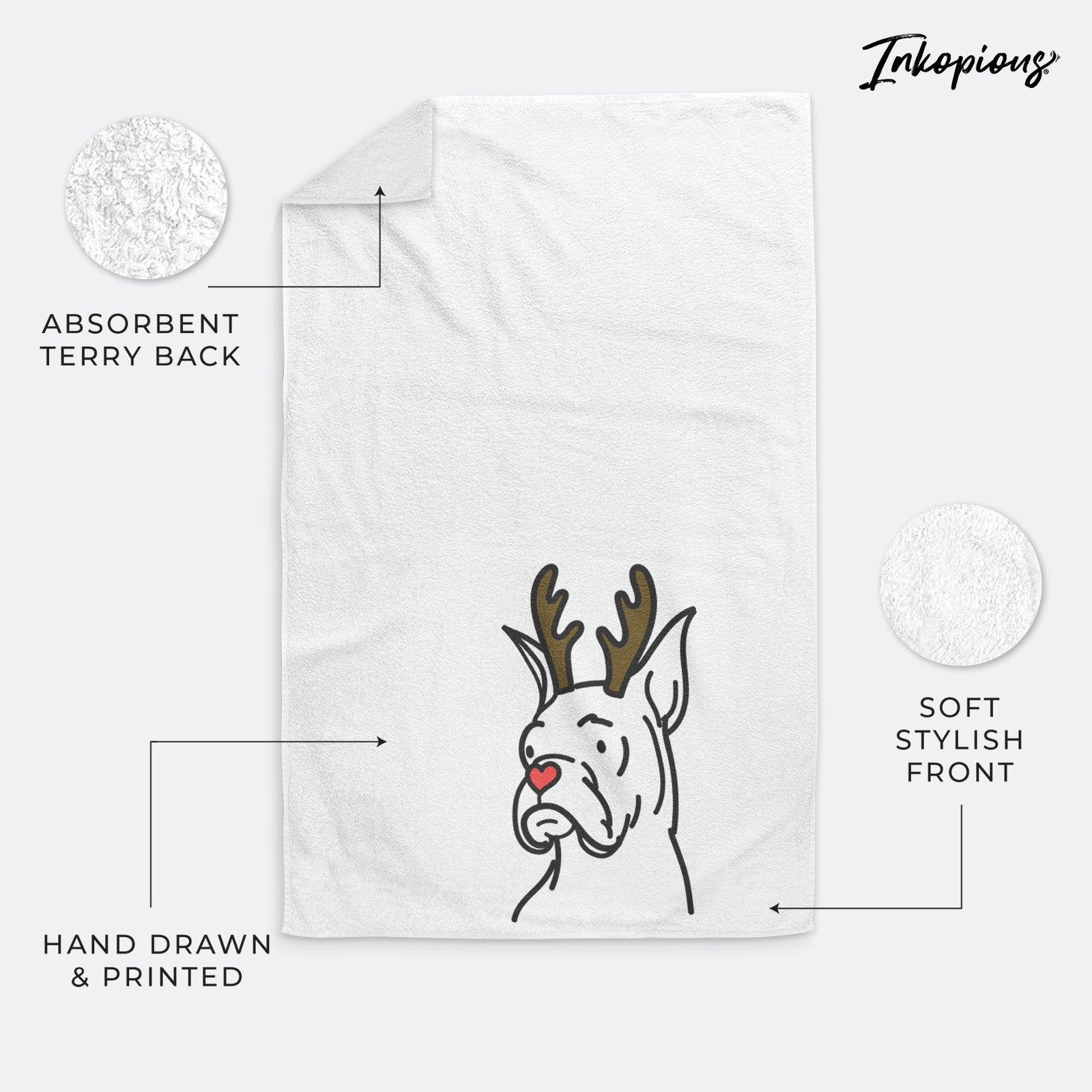 Minimalist line drawing of Billy the Rescue Boxer with reindeer antlers and a red nose on a hand towel