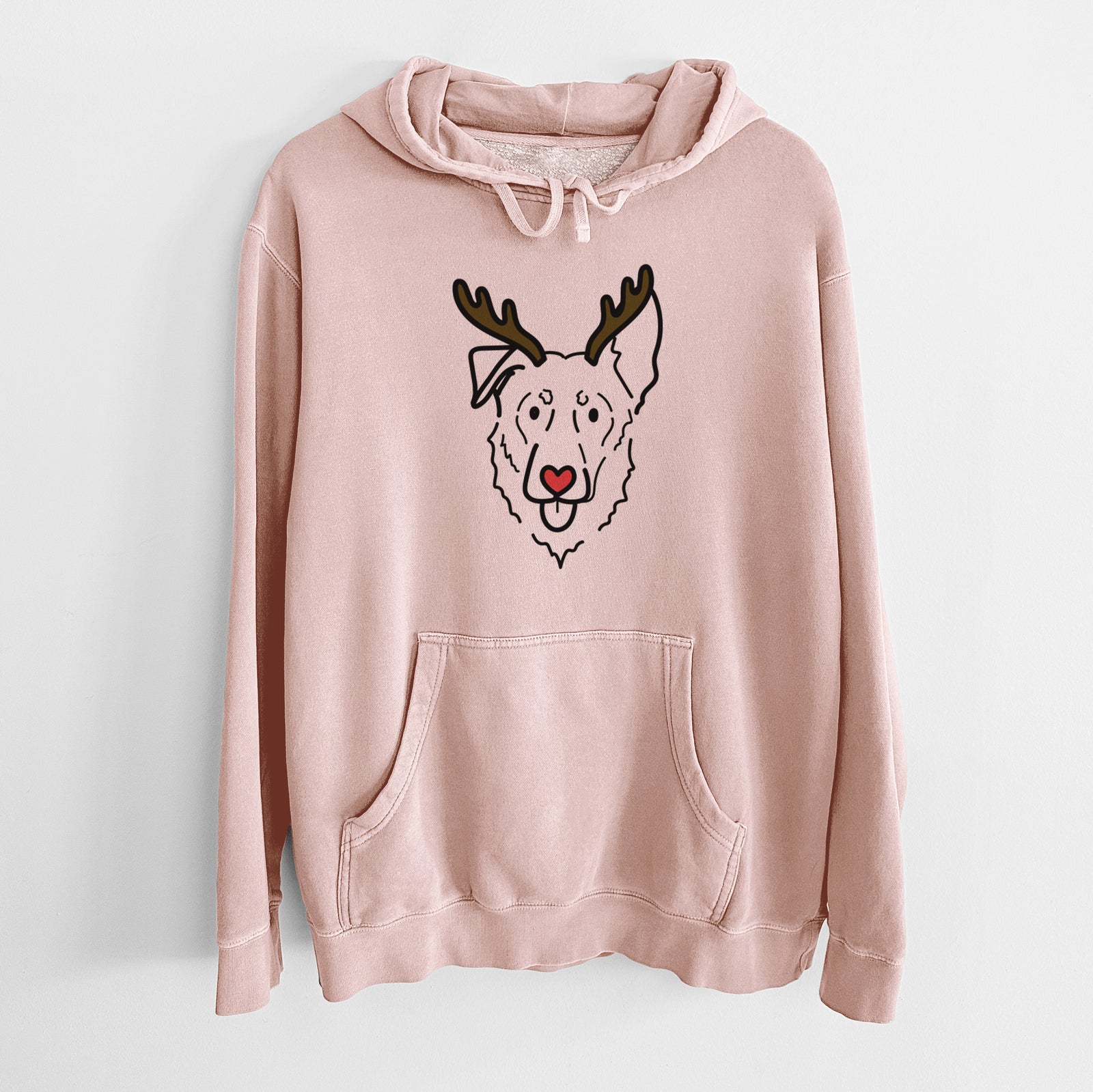 Minimalist line drawing of Bodhi the Shepherd Mix with reindeer antlers and a red nose on a Dusty Pink Unisex pigment dyed hoodie