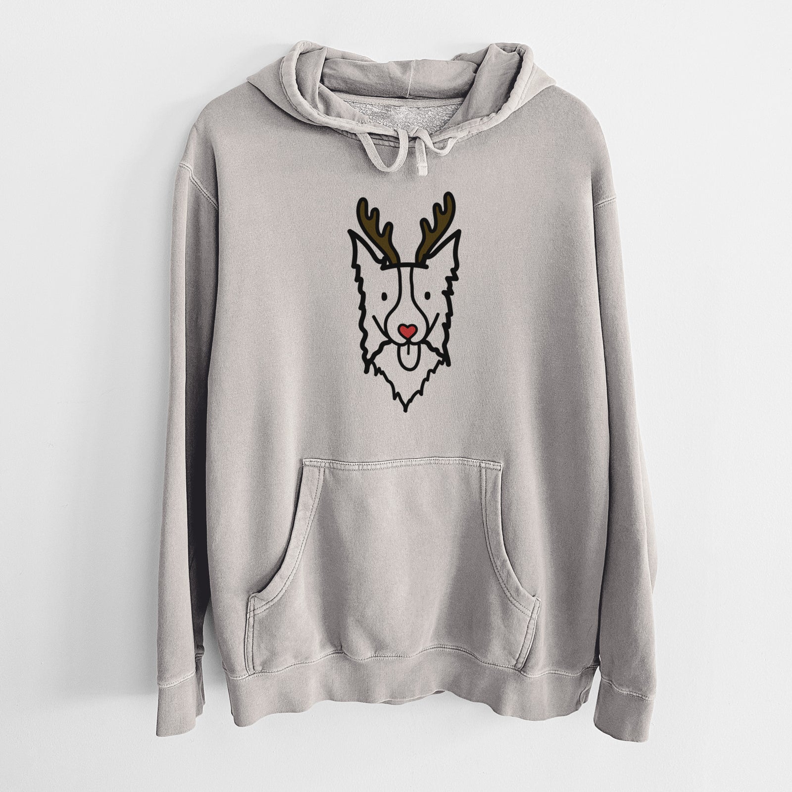 Minimalist line drawing of a Border Collie with reindeer antlers and a red nose on a Cement Unisex pigment dyed hoodie