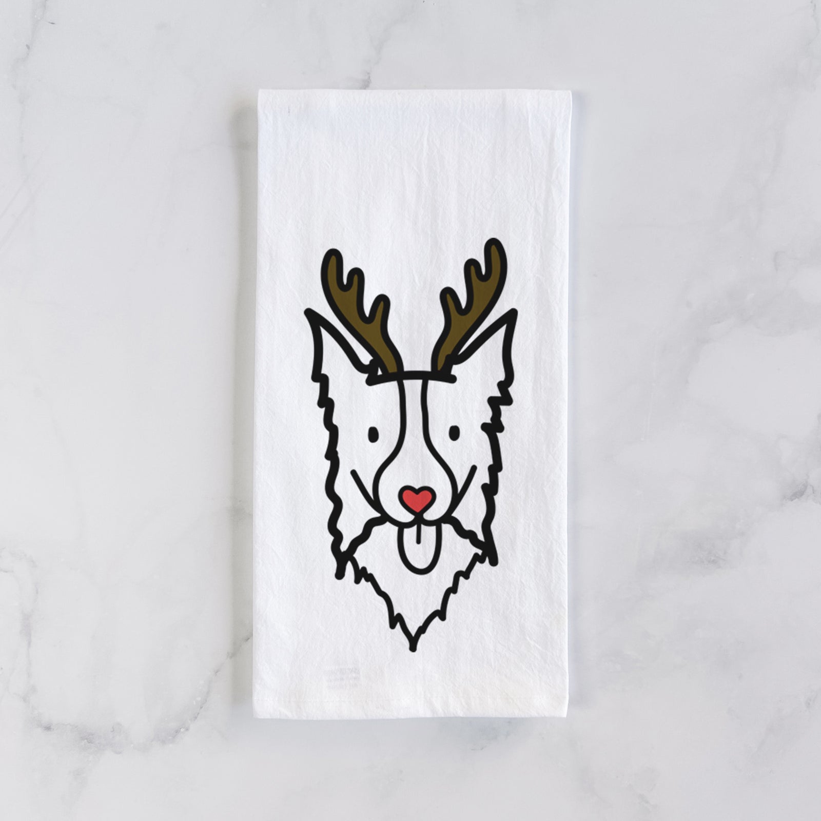 Minimalist line drawing of a Border Collie with reindeer antlers and a red nose on a tea towel