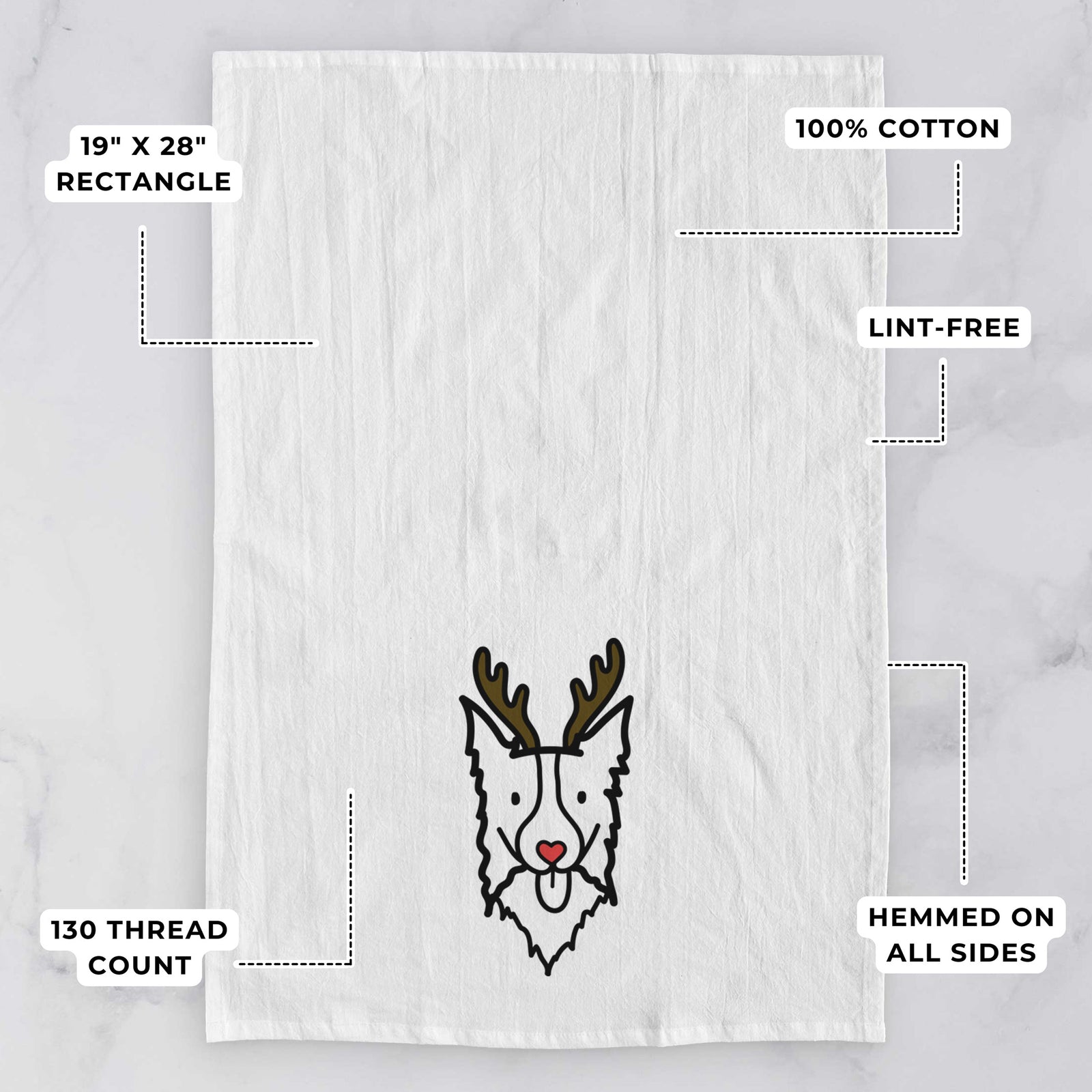 Minimalist line drawing of a Border Collie with reindeer antlers and a red nose on a tea towel, with feature callouts: 19 x 28 inch rectangle, 100% cotton, lint-free, 120 thread count, hemmed on all sides
