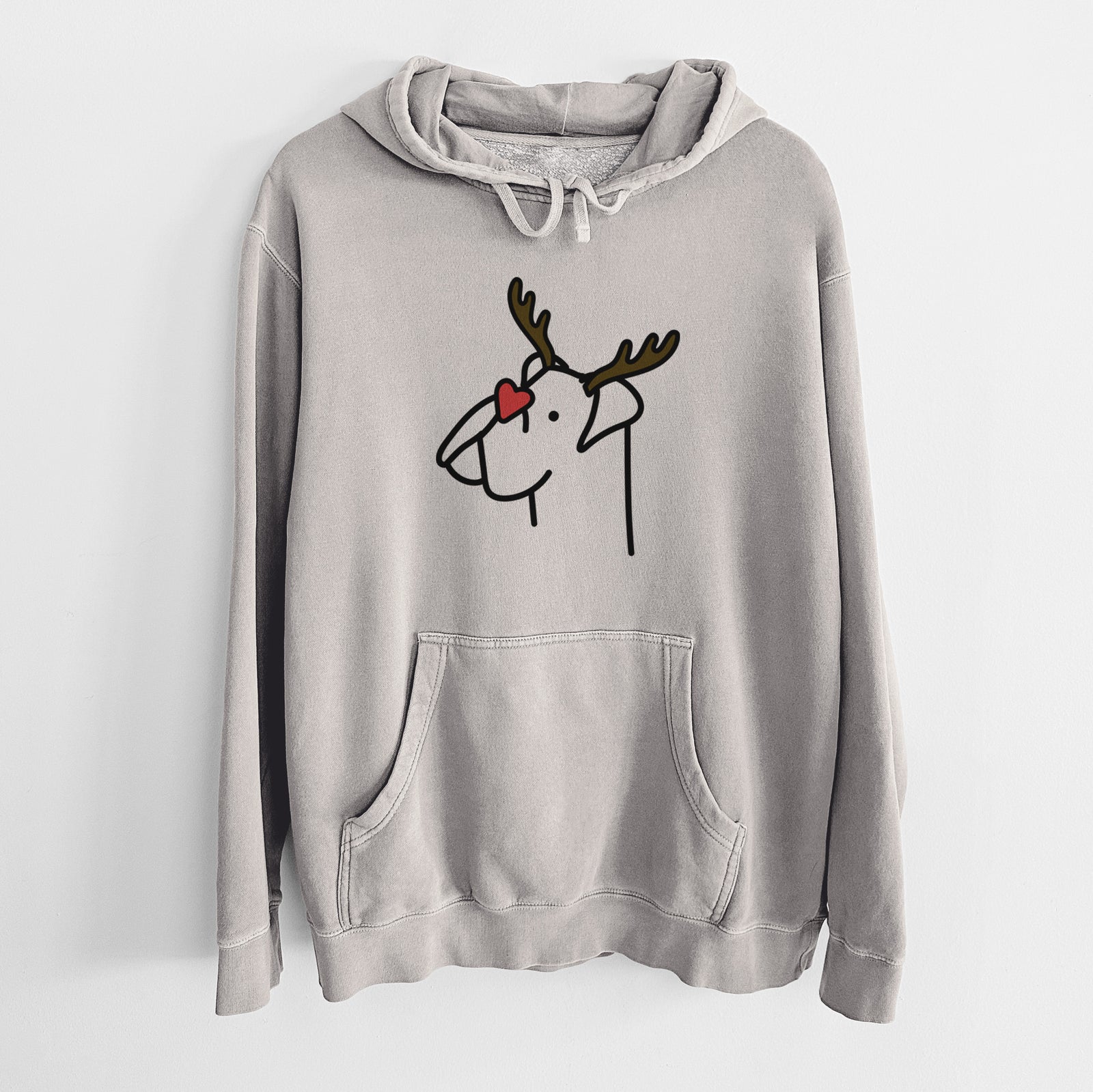 Minimalist line drawing of a Boxer with reindeer antlers and a red nose on a Cement Unisex pigment dyed hoodie