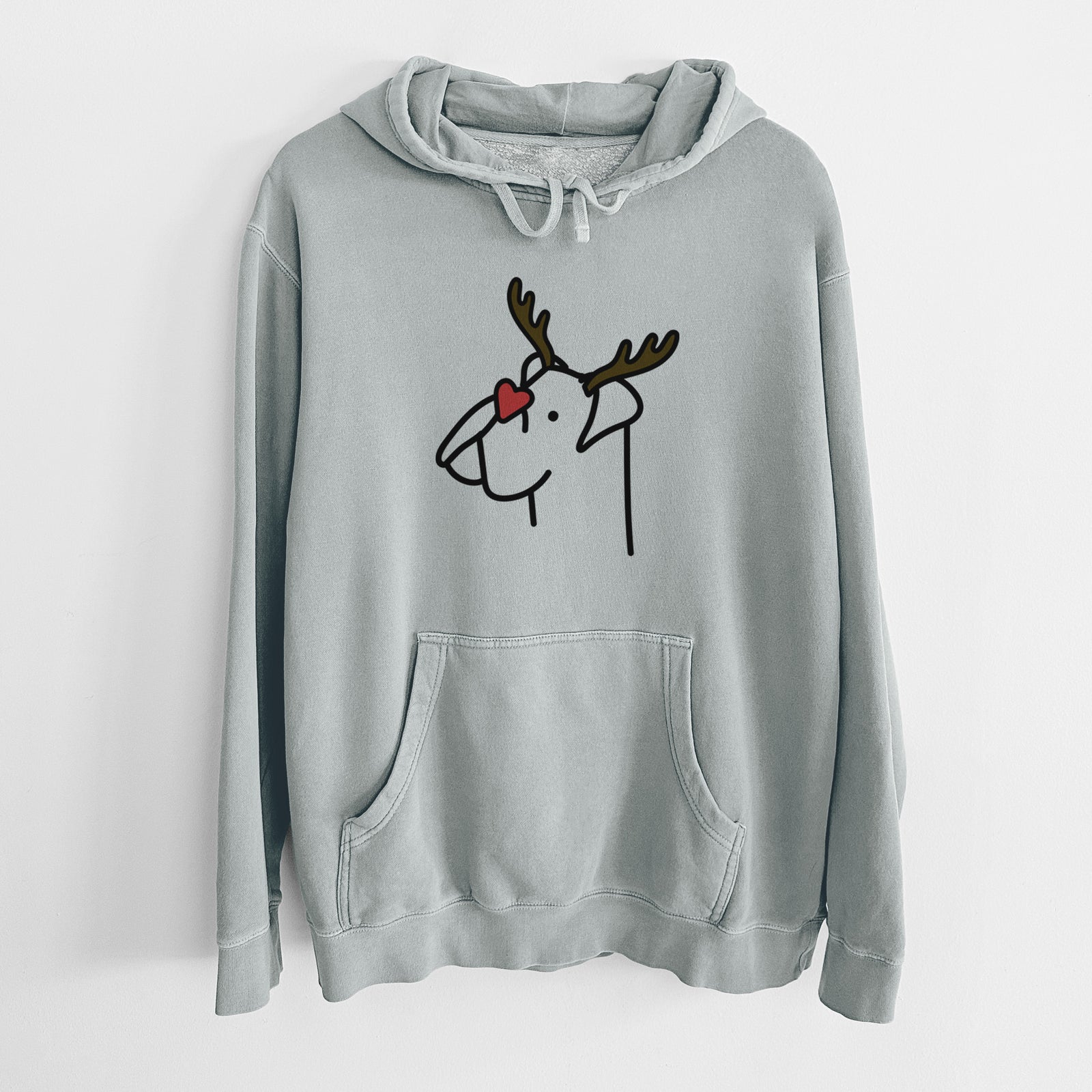 Minimalist line drawing of a Boxer with reindeer antlers and a red nose on a Sage Unisex pigment dyed hoodie
