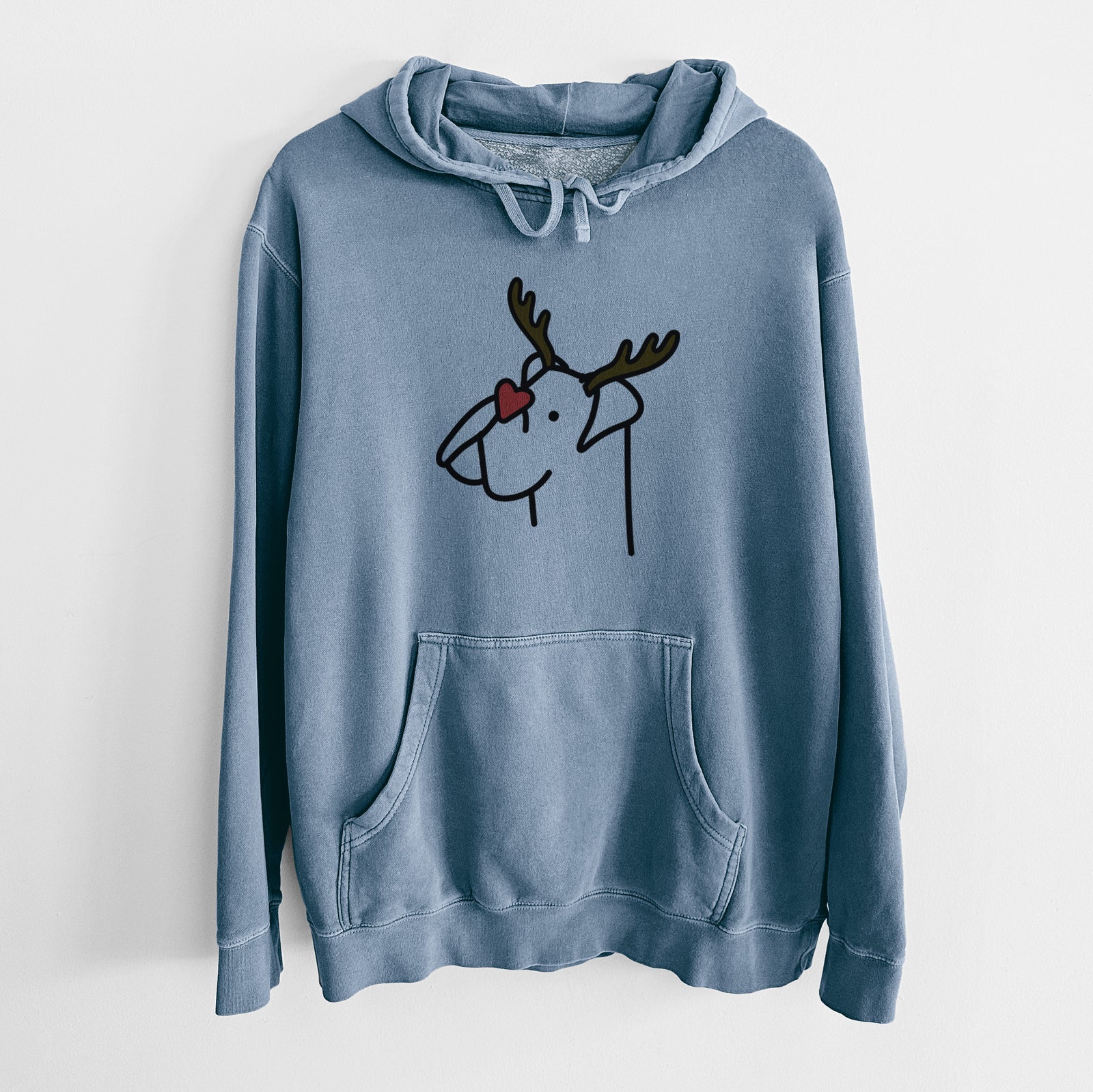 Minimalist line drawing of a Boxer with reindeer antlers and a red nose on a Slate Blue Unisex pigment dyed hoodie