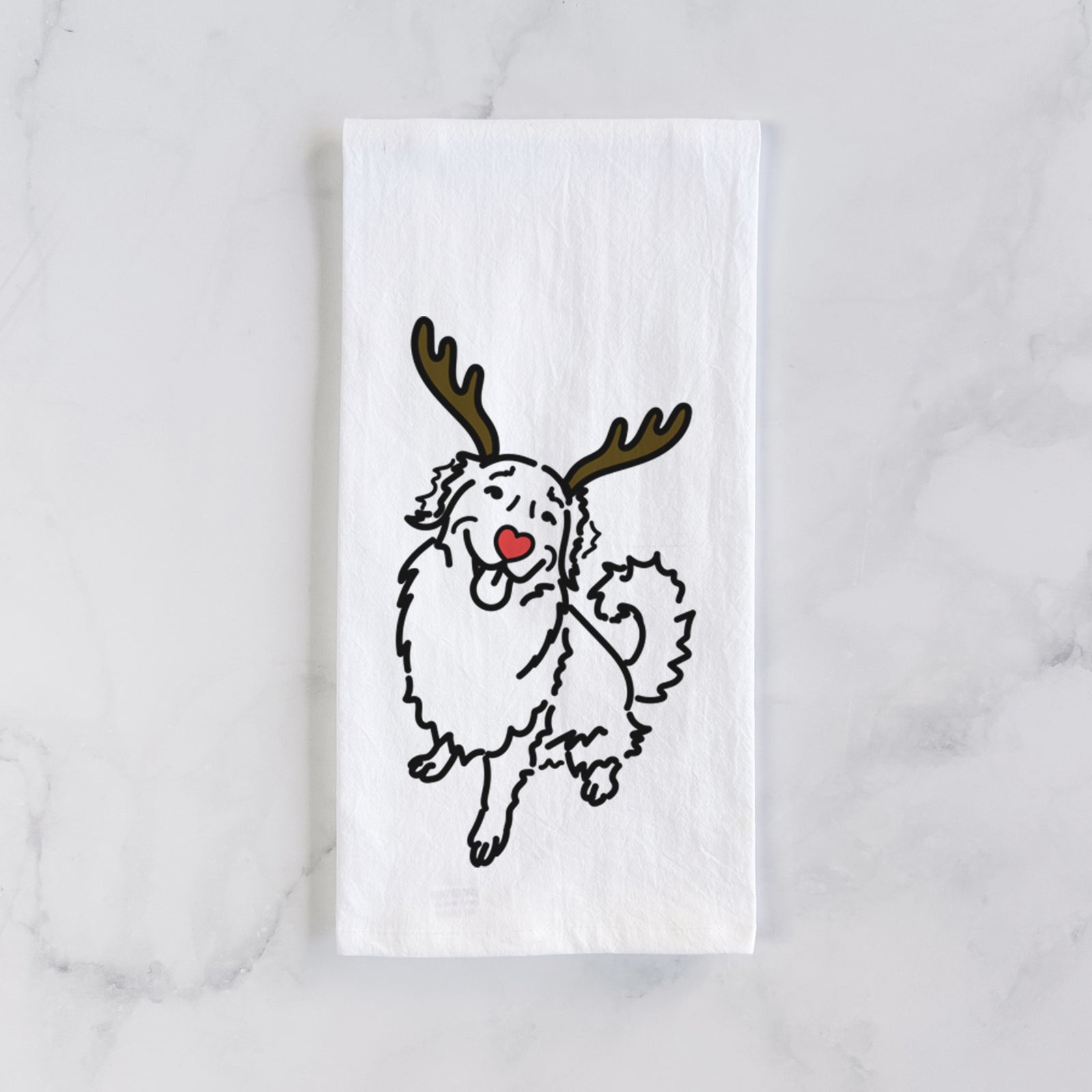 Minimalist line drawing of Brinkley the Golden Retriever with reindeer antlers and a red nose on a tea towel