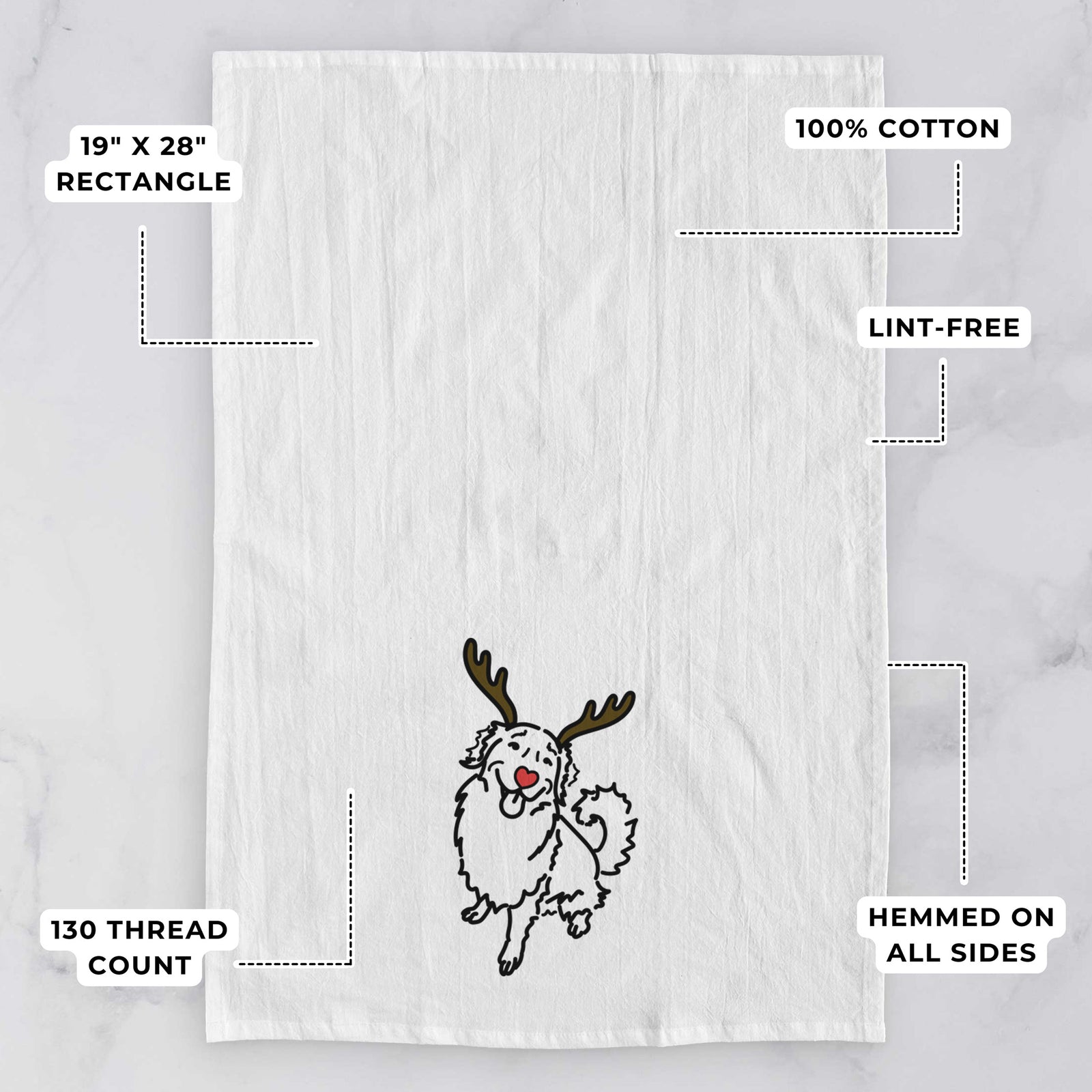 Minimalist line drawing of Brinkley the Golden Retriever with reindeer antlers and a red nose on a tea towel, with feature callouts: 19 x 28 inch rectangle, 100% cotton, lint-free, 120 thread count, hemmed on all sides