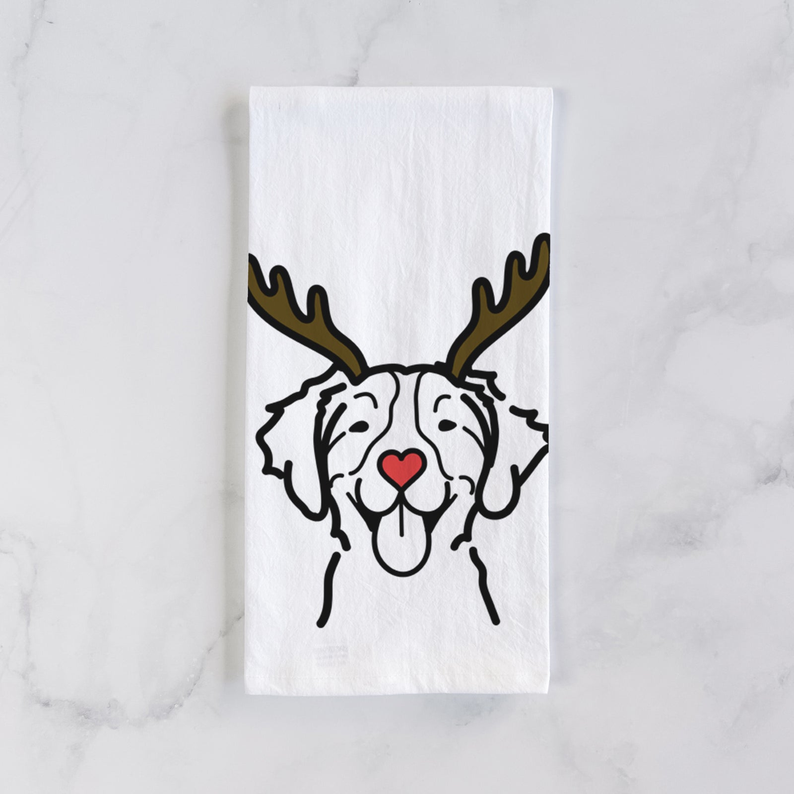 Minimalist line drawing of a Brittany with reindeer antlers and a red nose on a tea towel