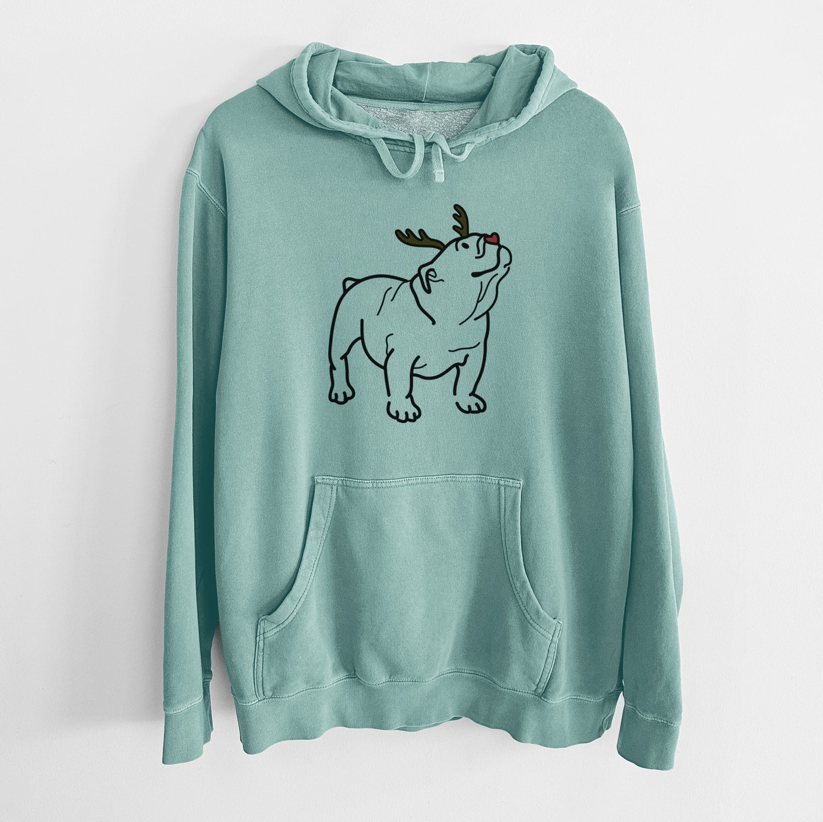 Minimalist line drawing of Bruno the English Bulldog with reindeer antlers and a red nose on a Mint Unisex pigment dyed hoodie
