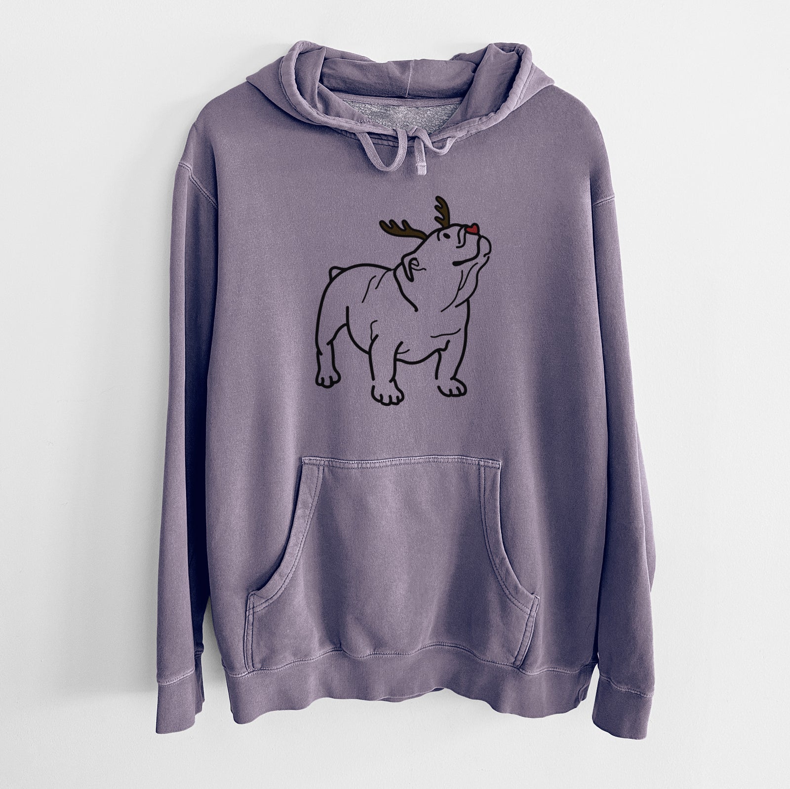 Minimalist line drawing of Bruno the English Bulldog with reindeer antlers and a red nose on a Plum Unisex pigment dyed hoodie