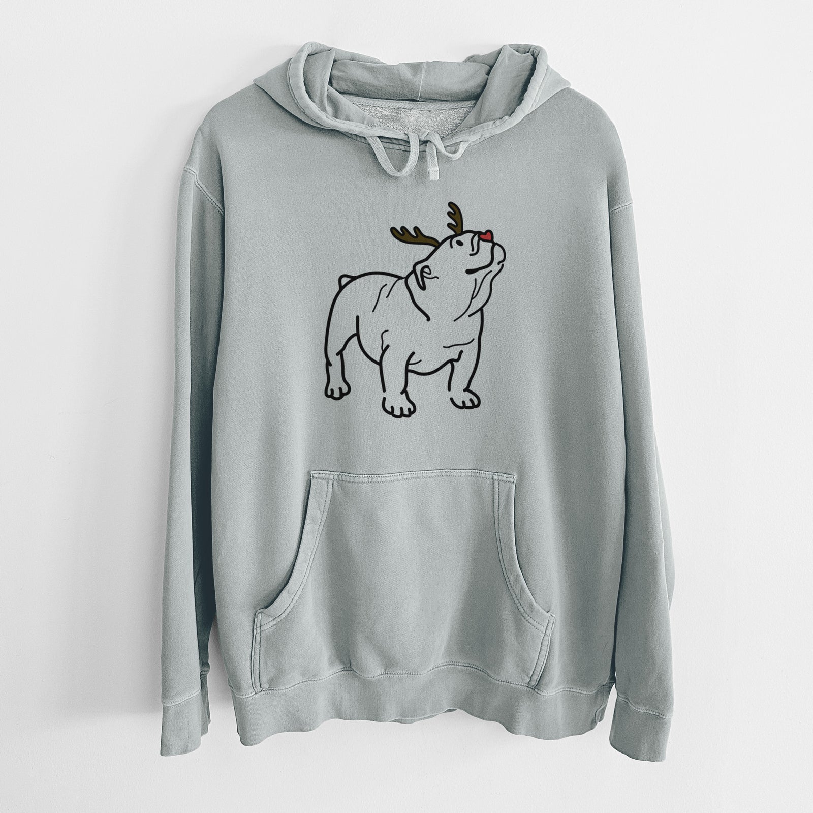 Minimalist line drawing of Bruno the English Bulldog with reindeer antlers and a red nose on a Sage Unisex pigment dyed hoodie