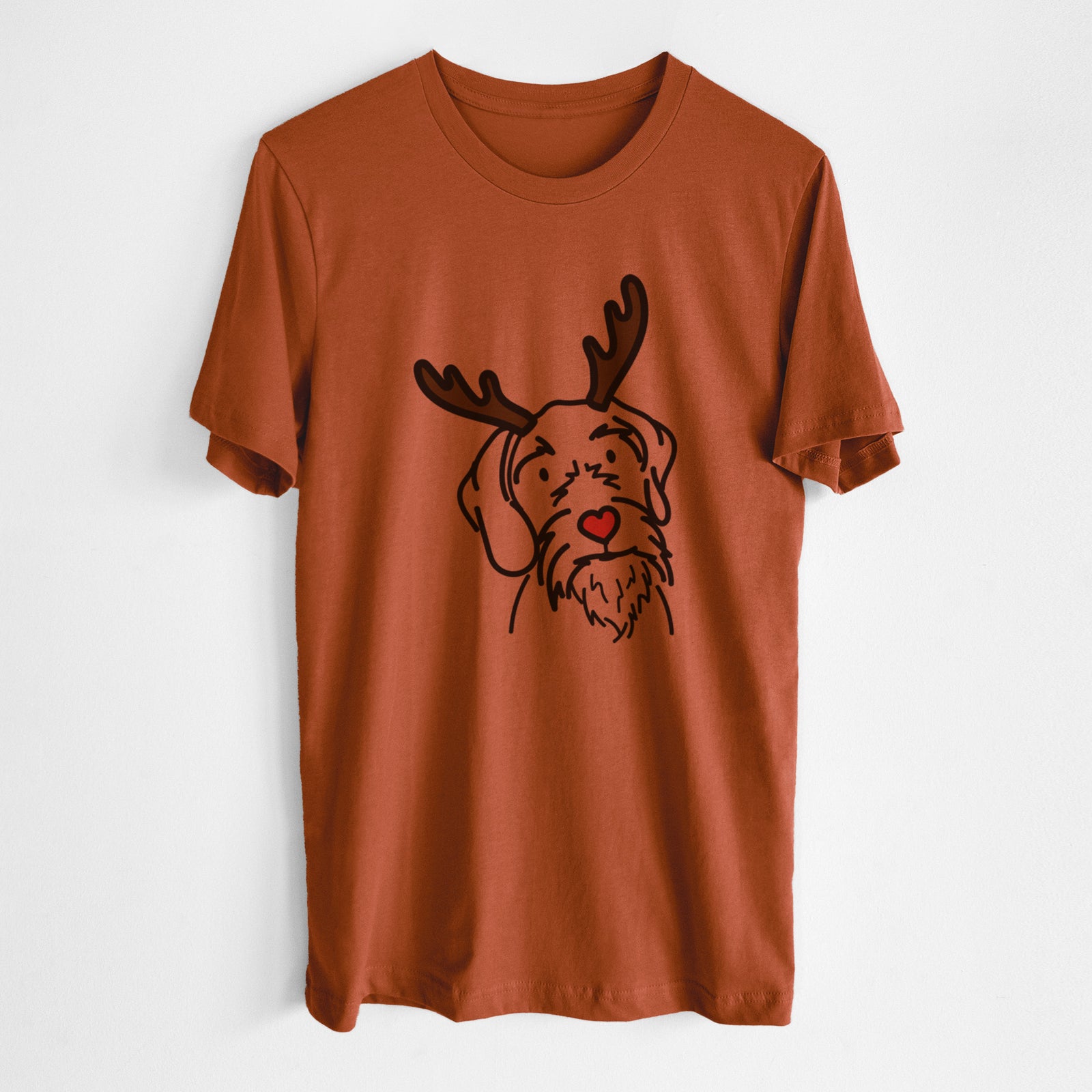 Minimalist line drawing of Buck the German Wirehaired Pointer with reindeer antlers and a red nose on an Autumn Unisex crewneck, worn by a man
