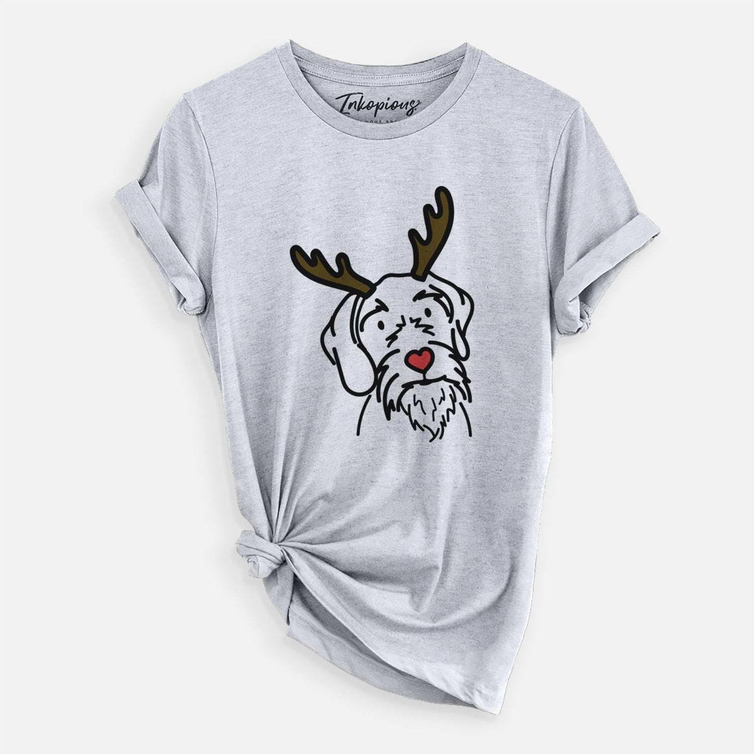 Minimalist line drawing of Buck the German Wirehaired Pointer with reindeer antlers and a red nose on a Grey Unisex crewneck, worn by a woman