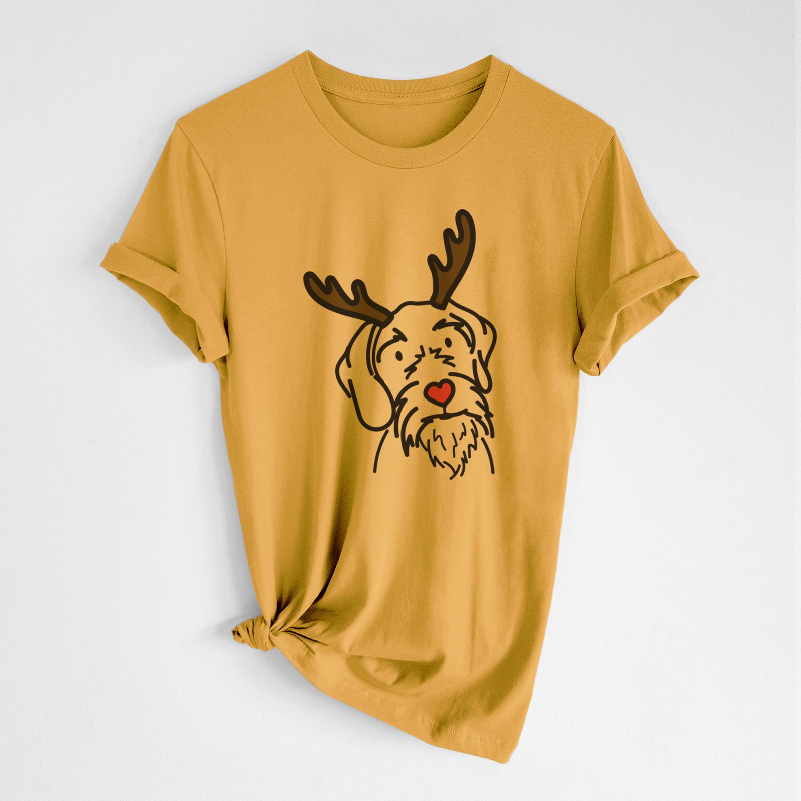 Minimalist line drawing of Buck the German Wirehaired Pointer with reindeer antlers and a red nose on a Honeycomb Unisex crewneck, worn by a woman