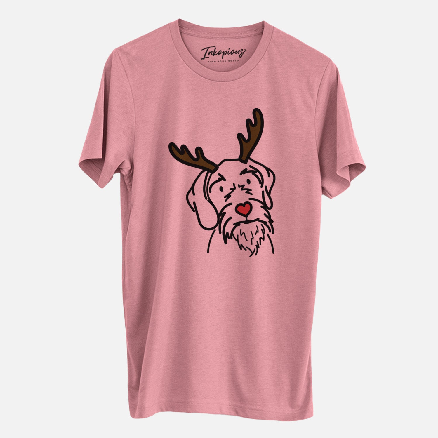 Minimalist line drawing of Buck the German Wirehaired Pointer with reindeer antlers and a red nose on a Mauve Unisex crewneck, worn by a man