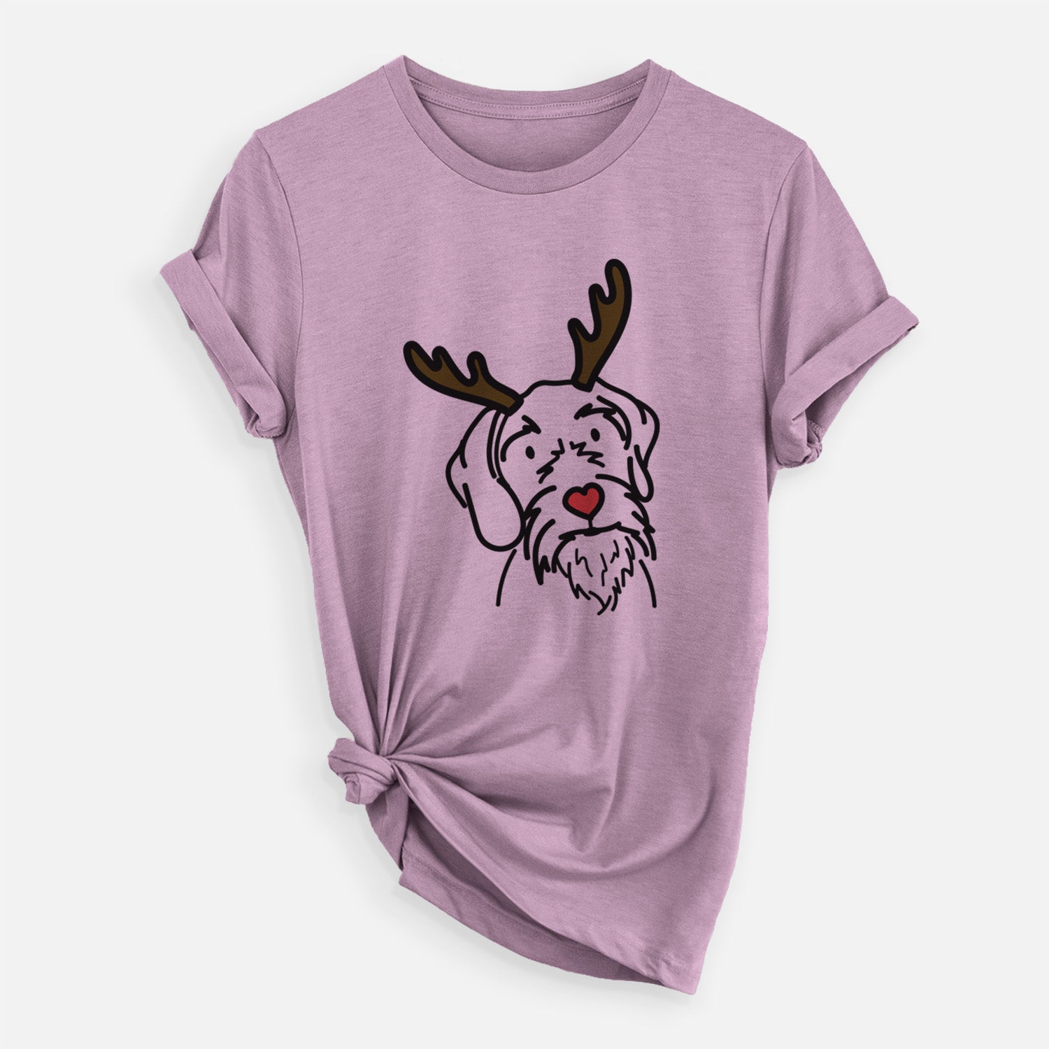 Minimalist line drawing of Buck the German Wirehaired Pointer with reindeer antlers and a red nose on an Orchid Unisex crewneck, worn by a woman