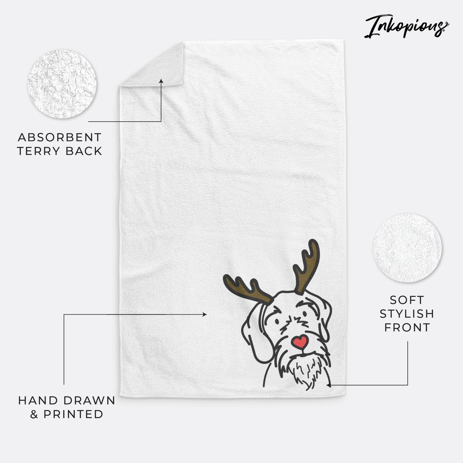 Minimalist line drawing of Buck the German Wirehaired Pointer with reindeer antlers and a red nose on a hand towel