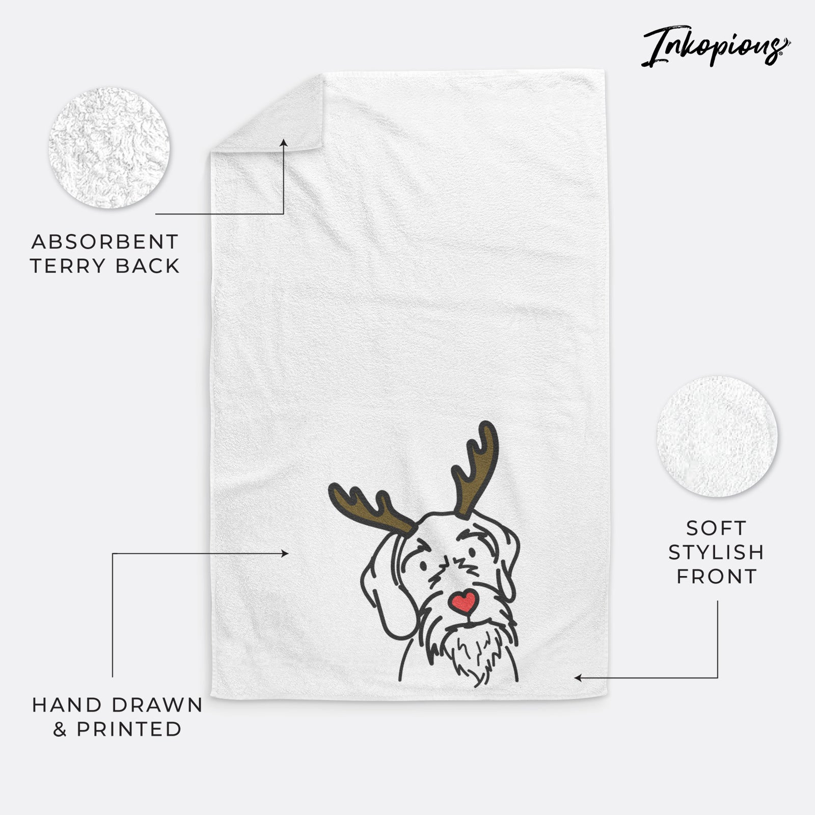 Minimalist line drawing of Buck the German Wirehaired Pointer with reindeer antlers and a red nose on a hand towel