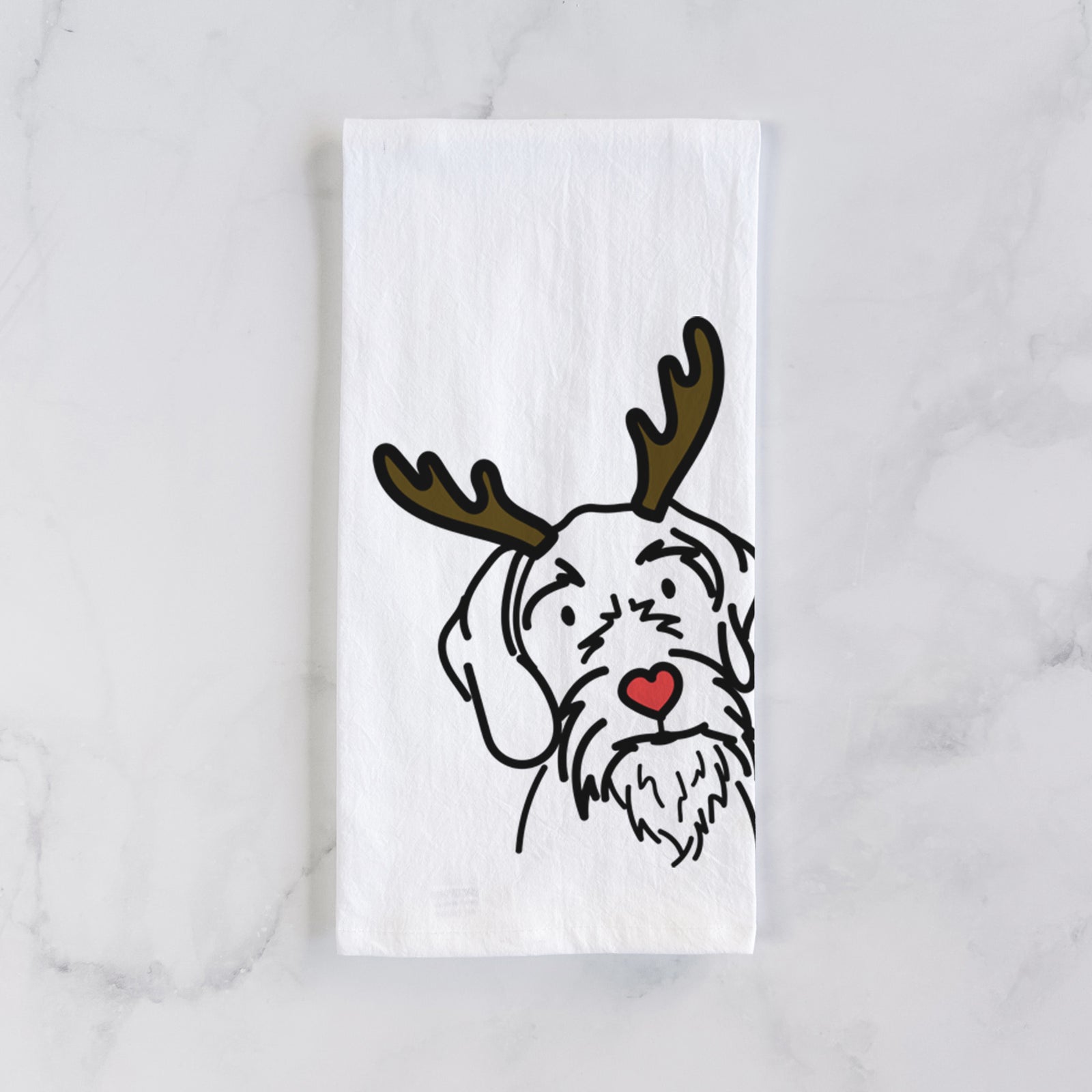 Minimalist line drawing of Buck the German Wirehaired Pointer with reindeer antlers and a red nose on a tea towel