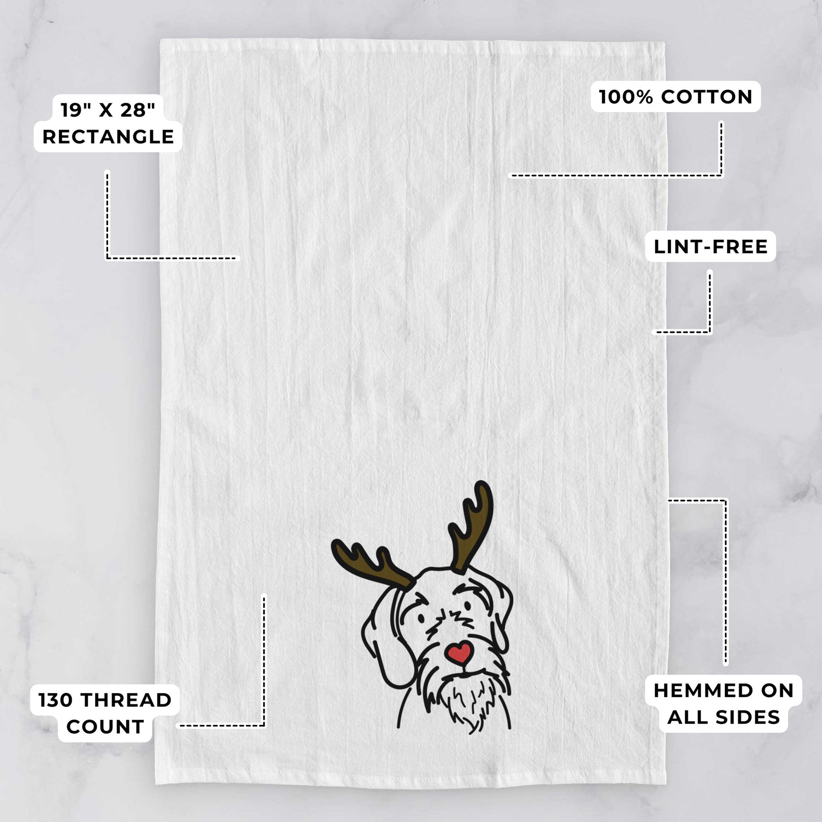 Minimalist line drawing of Buck the German Wirehaired Pointer with reindeer antlers and a red nose on a tea towel, with feature callouts: 19 x 28 inch rectangle, 100% cotton, lint-free, 120 thread count, hemmed on all sides