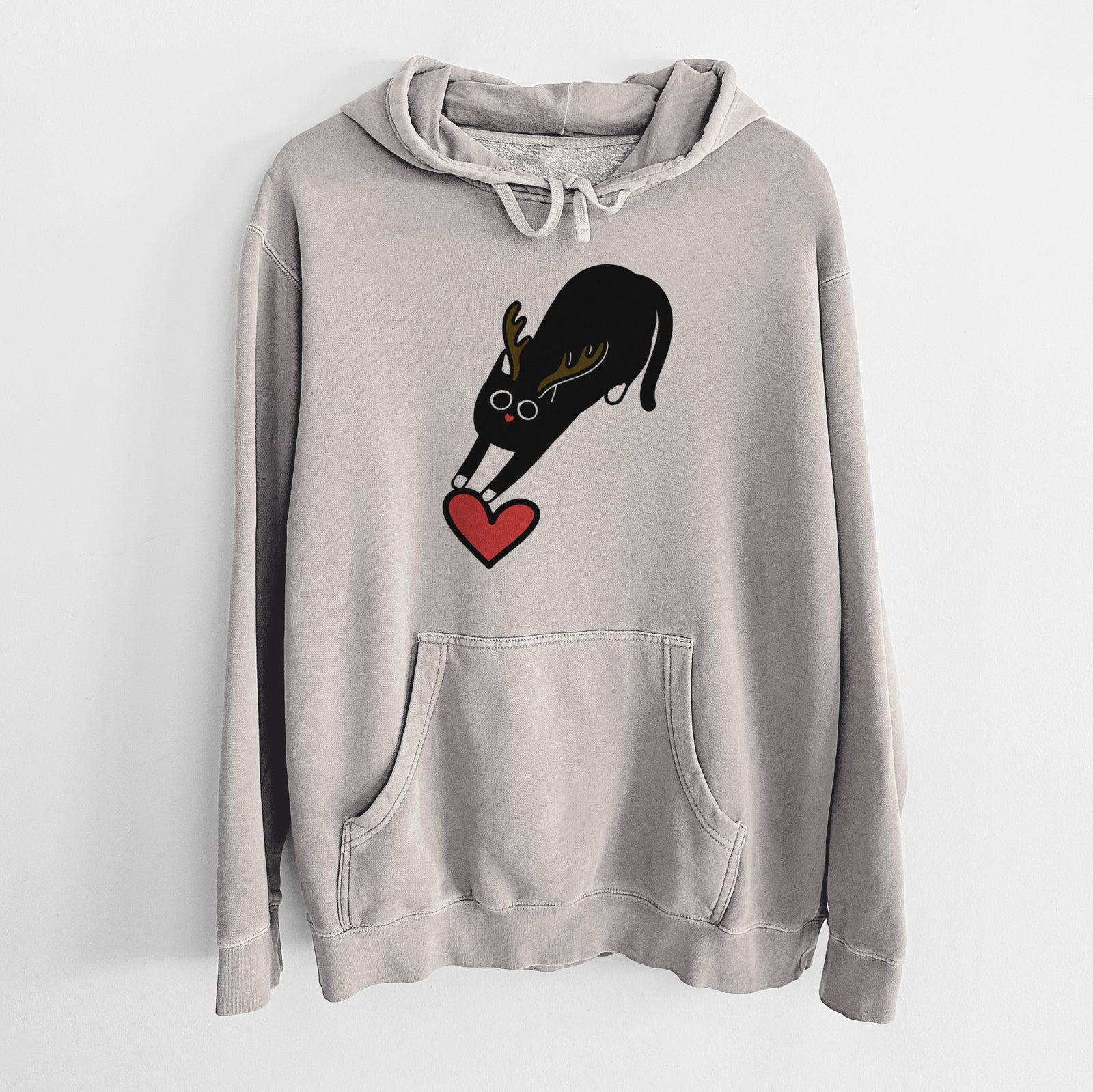 Minimalist line drawing of Bug the Black Cat with reindeer antlers and a red nose on a Cement Unisex pigment dyed hoodie