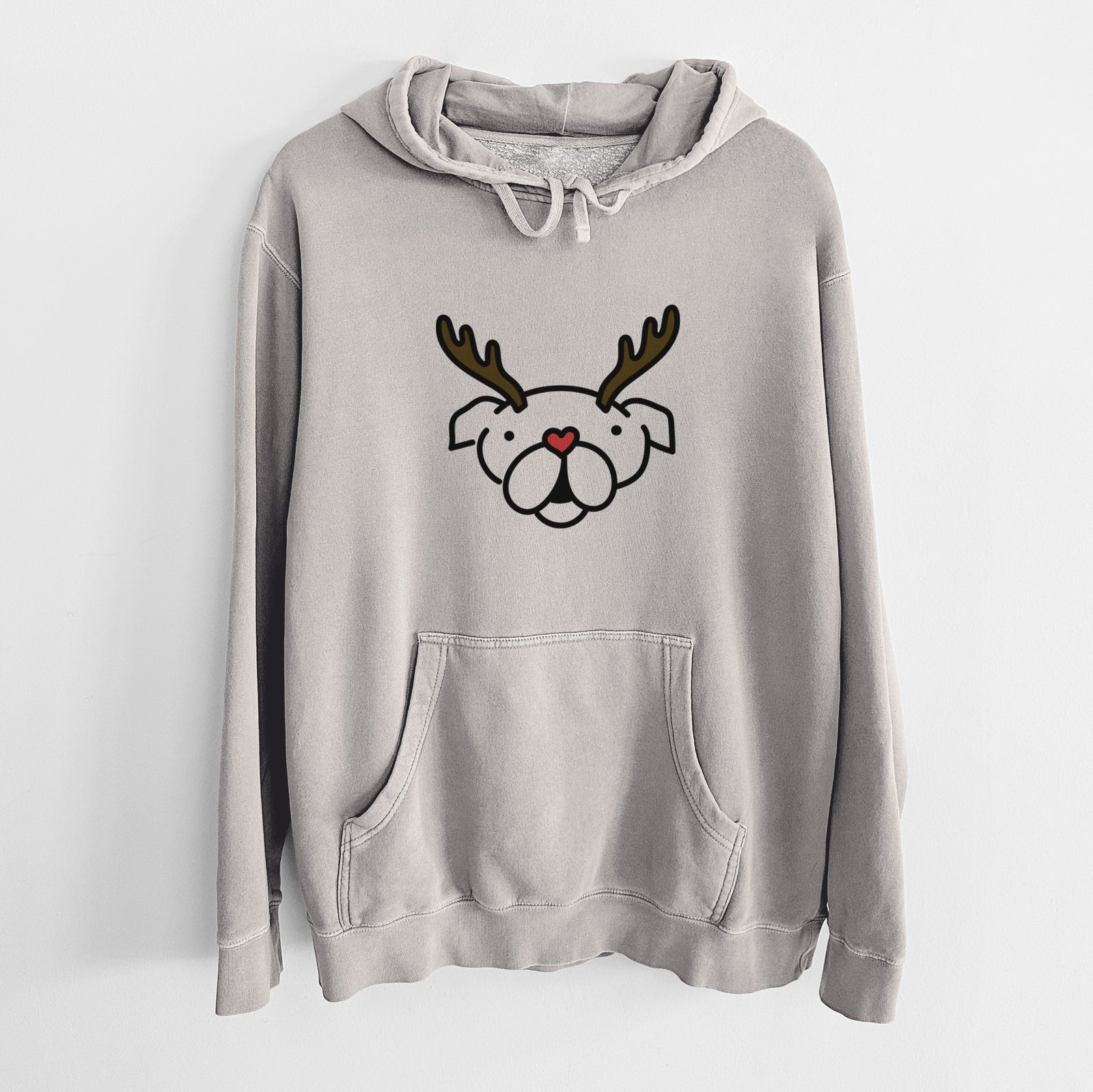 Minimalist line drawing of an English Bulldog with reindeer antlers and a red nose on a Cement Unisex pigment dyed hoodie