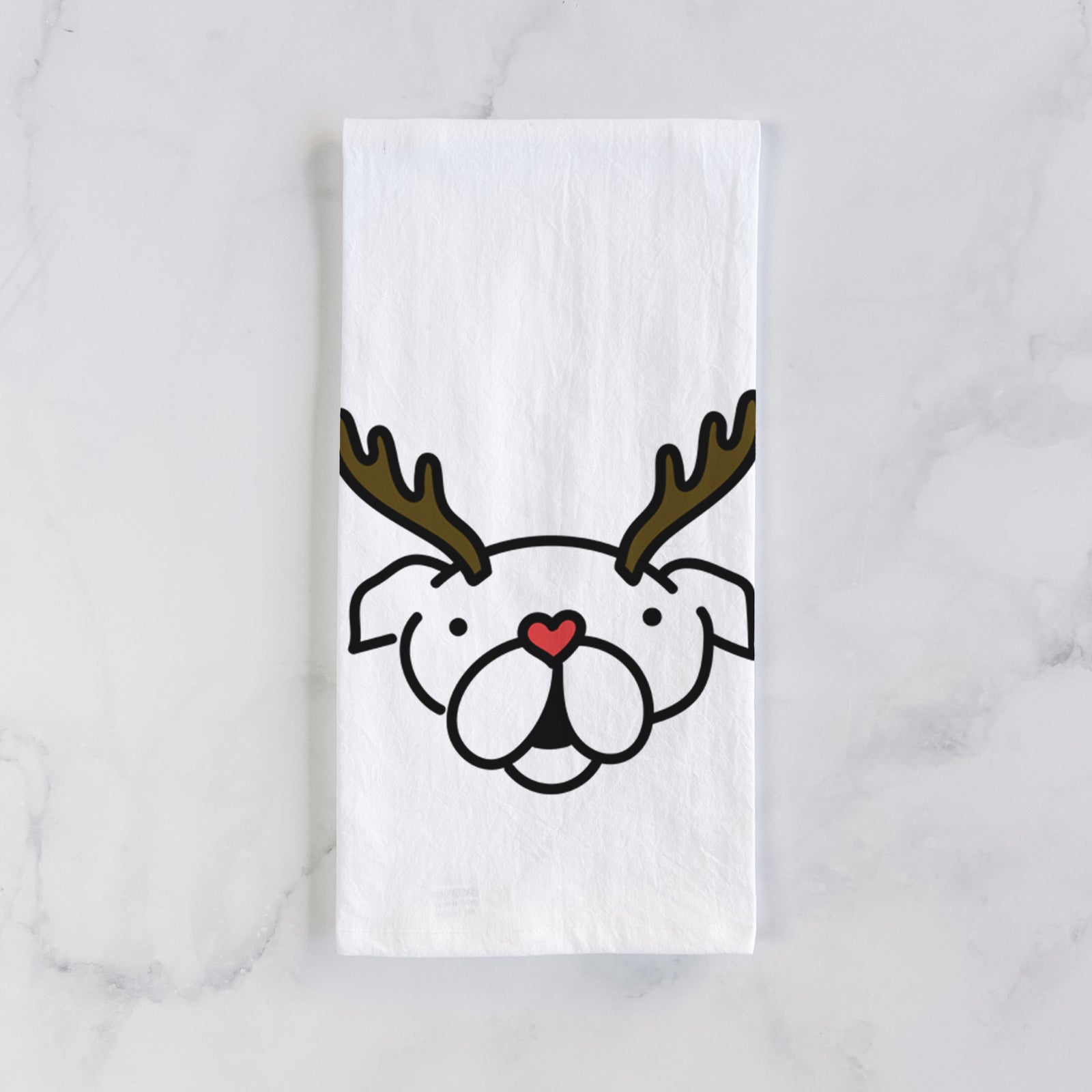 Minimalist line drawing of an English Bulldog with reindeer antlers and a red nose on a tea towel
