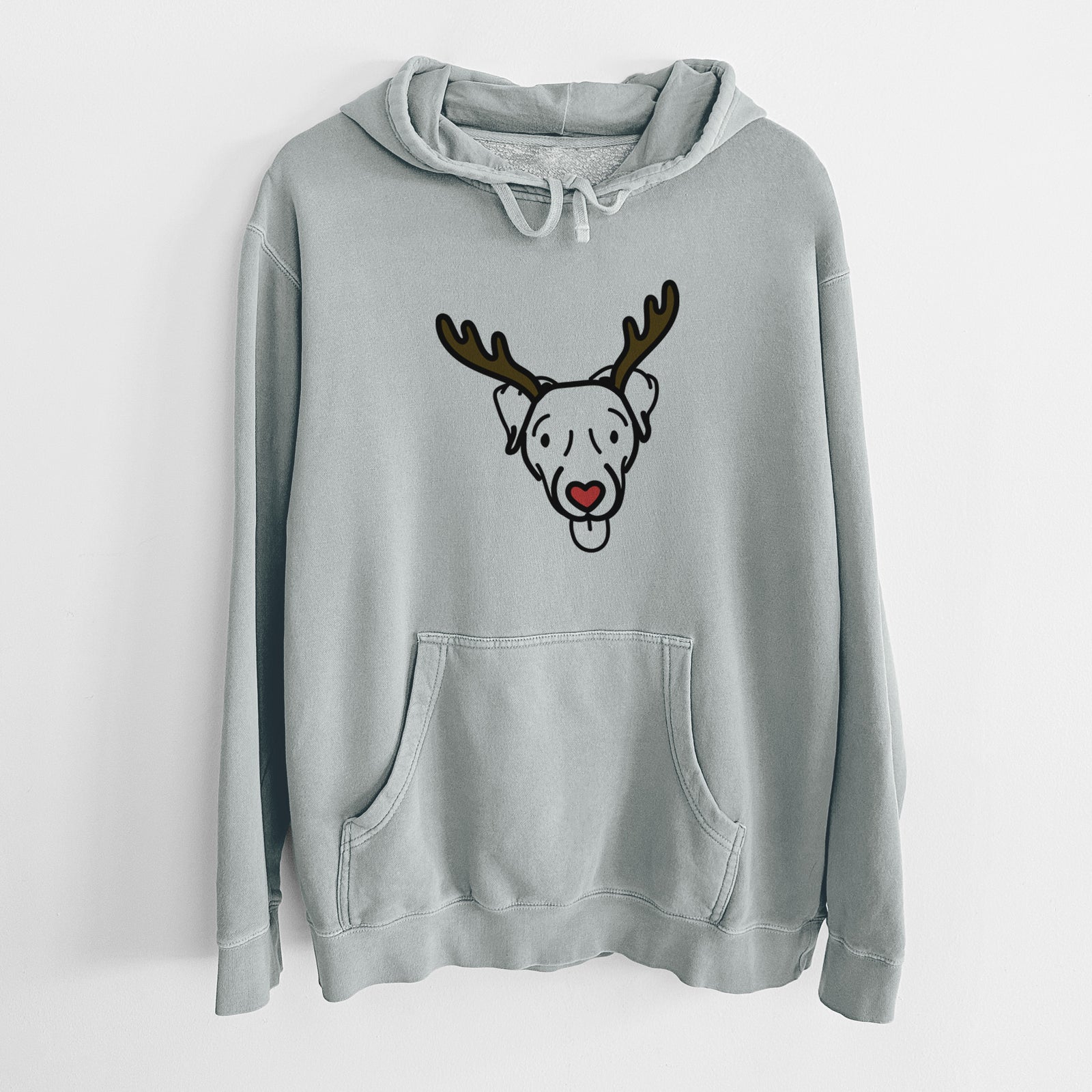 Minimalist line drawing of Cammy the Jack Russell Terrier with reindeer antlers and a red nose on a Sage Unisex pigment dyed hoodie