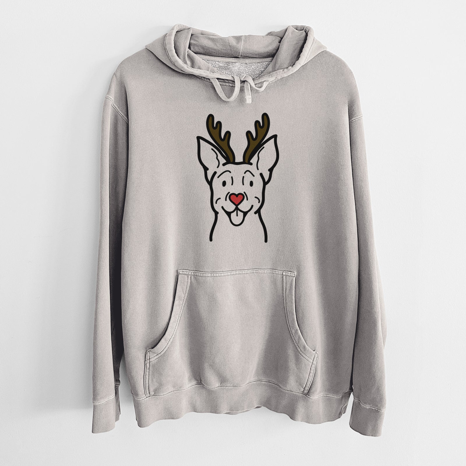 Minimalist line drawing of a Carolina Dog with reindeer antlers and a red nose on a Cement Unisex pigment dyed hoodie