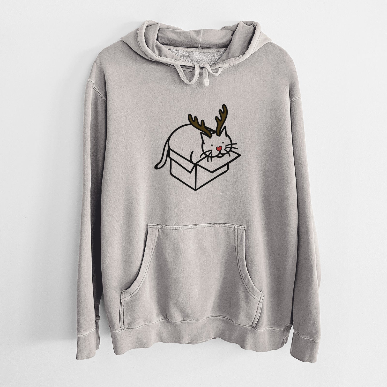 Minimalist line drawing of Charlie the Cat in a Box with reindeer antlers and a red nose on a Cement Unisex pigment dyed hoodie