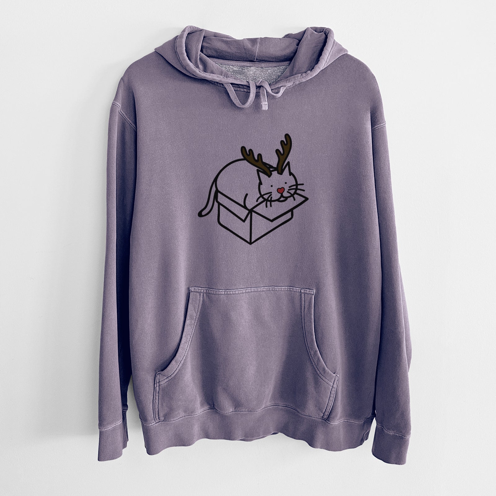 Minimalist line drawing of Charlie the Cat in a Box with reindeer antlers and a red nose on a Plum Unisex pigment dyed hoodie