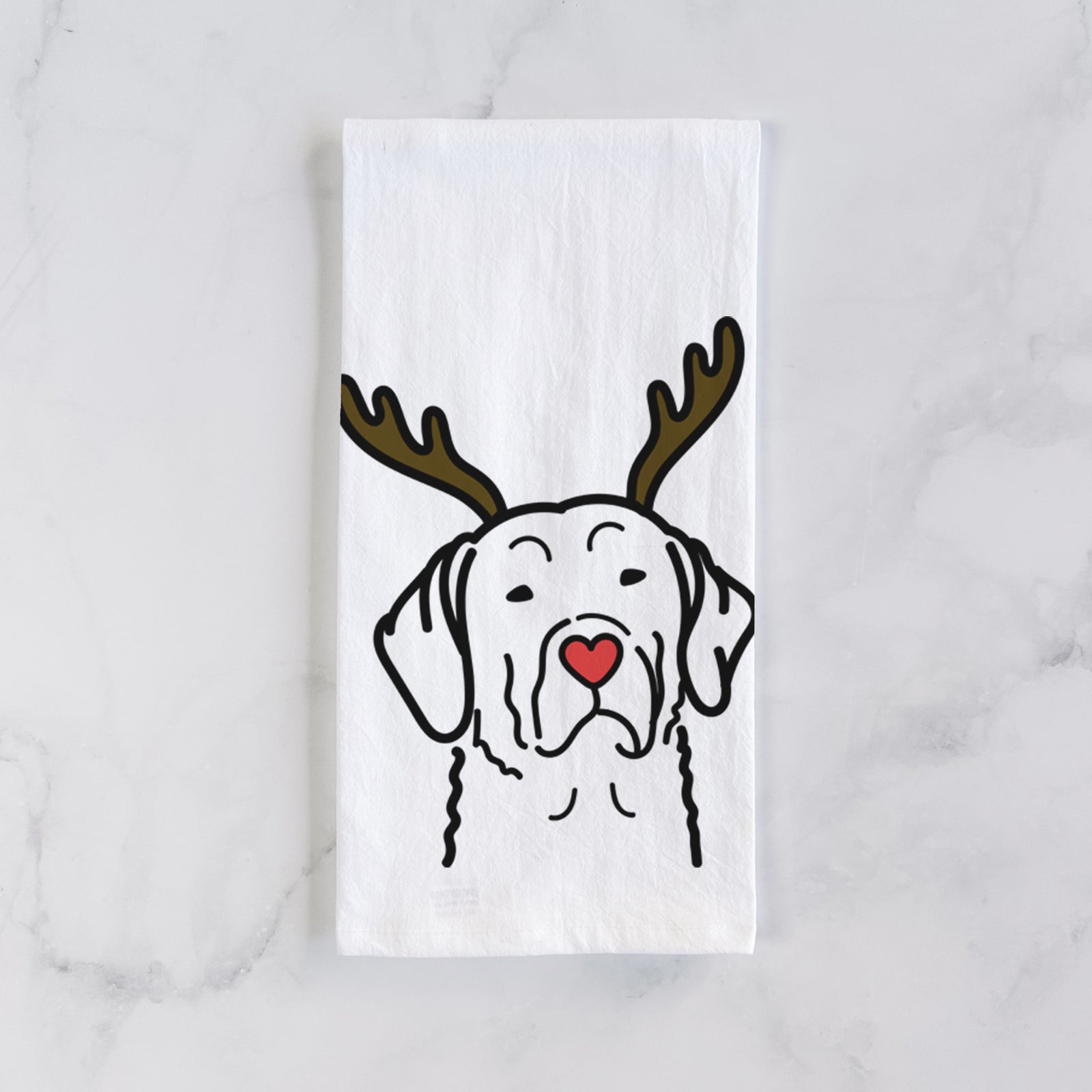 Minimalist line drawing of a Chesapeake Bay Retriever with reindeer antlers and a red nose on a tea towel