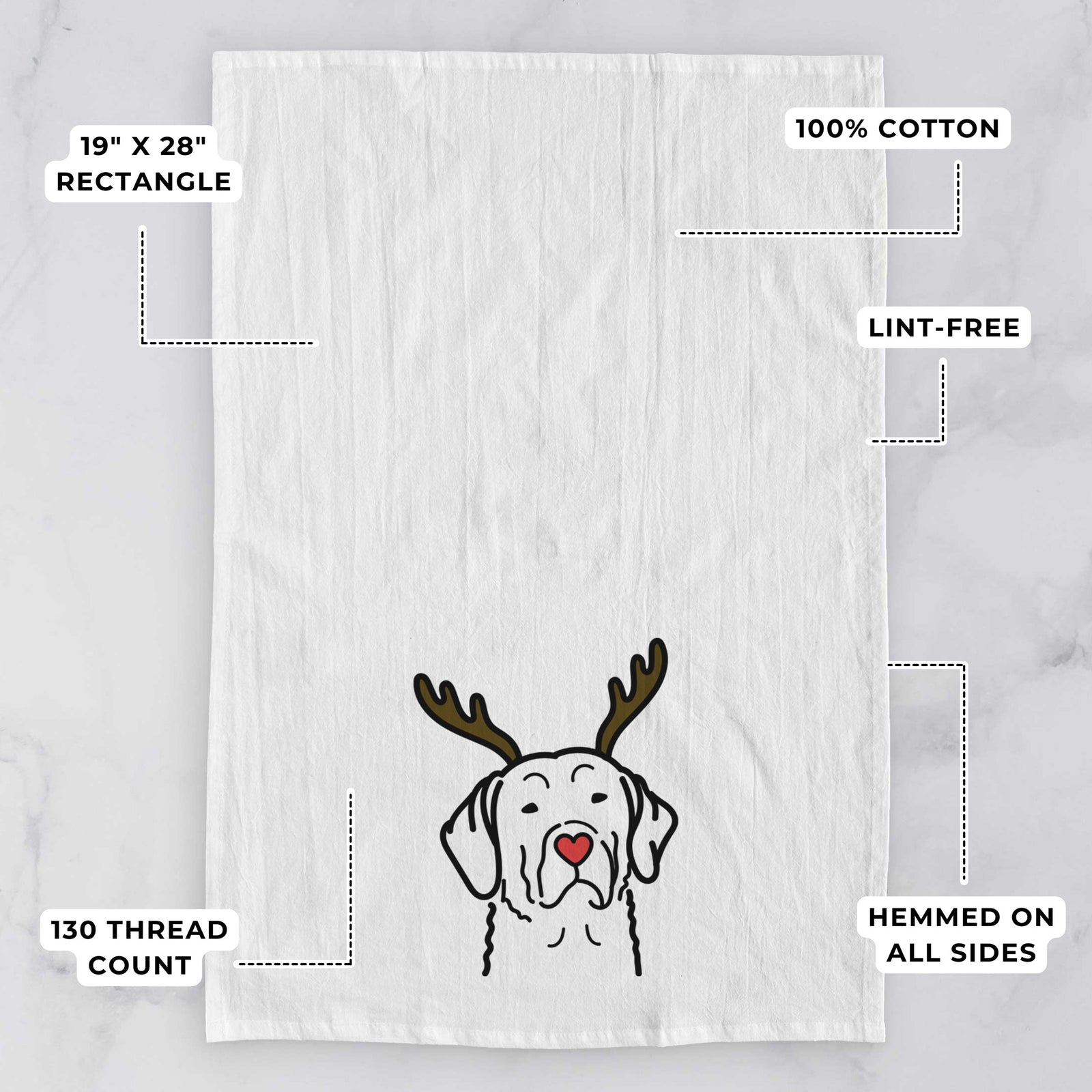 Minimalist line drawing of a Chesapeake Bay Retriever with reindeer antlers and a red nose on a tea towel, with feature callouts: 19 x 28 inch rectangle, 100% cotton, lint-free, 120 thread count, hemmed on all sides