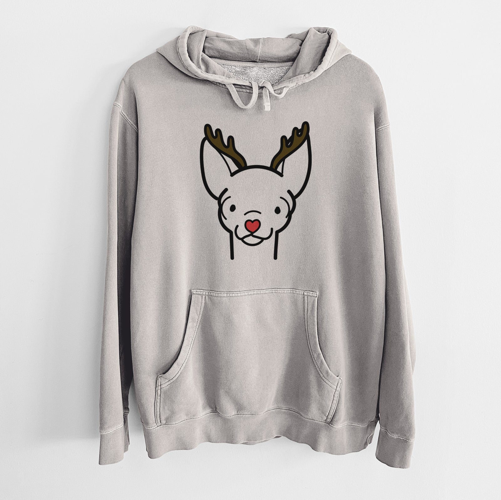 Minimalist line drawing of a Chihuahua with reindeer antlers and a red nose on a Cement Unisex pigment dyed hoodie